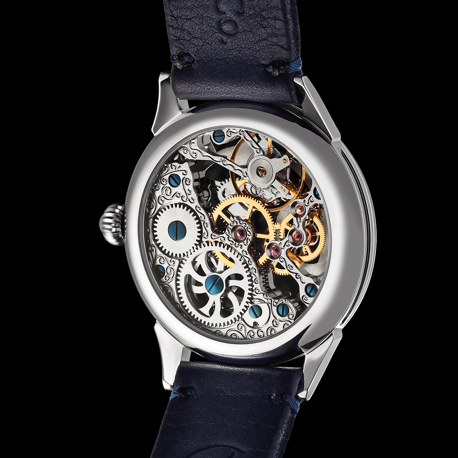 Watch with visible mechanical components on a black background