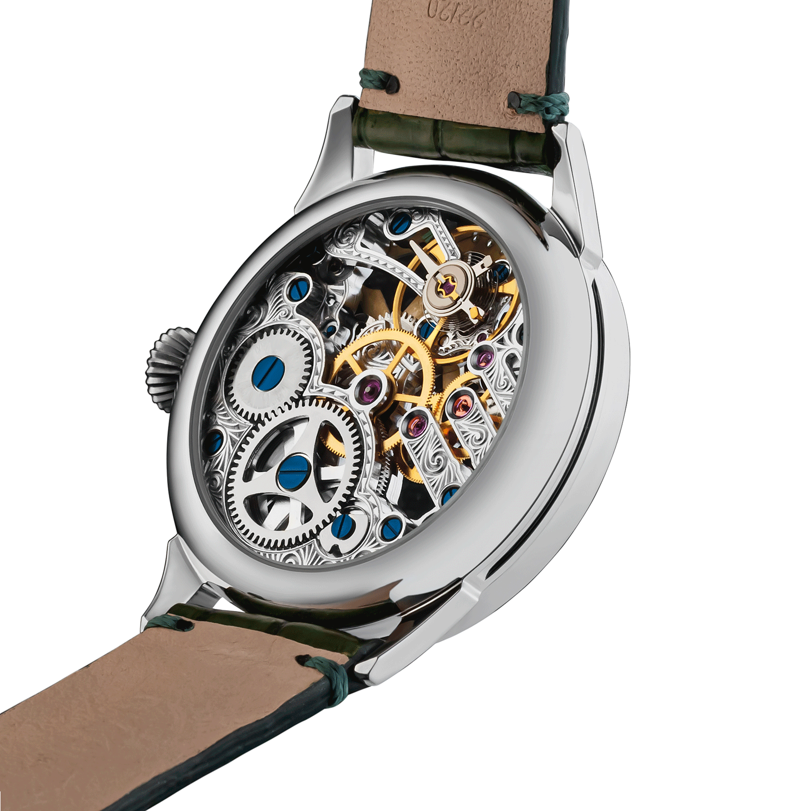 Mechanical watch with visible gears and a green leather strap on a white background