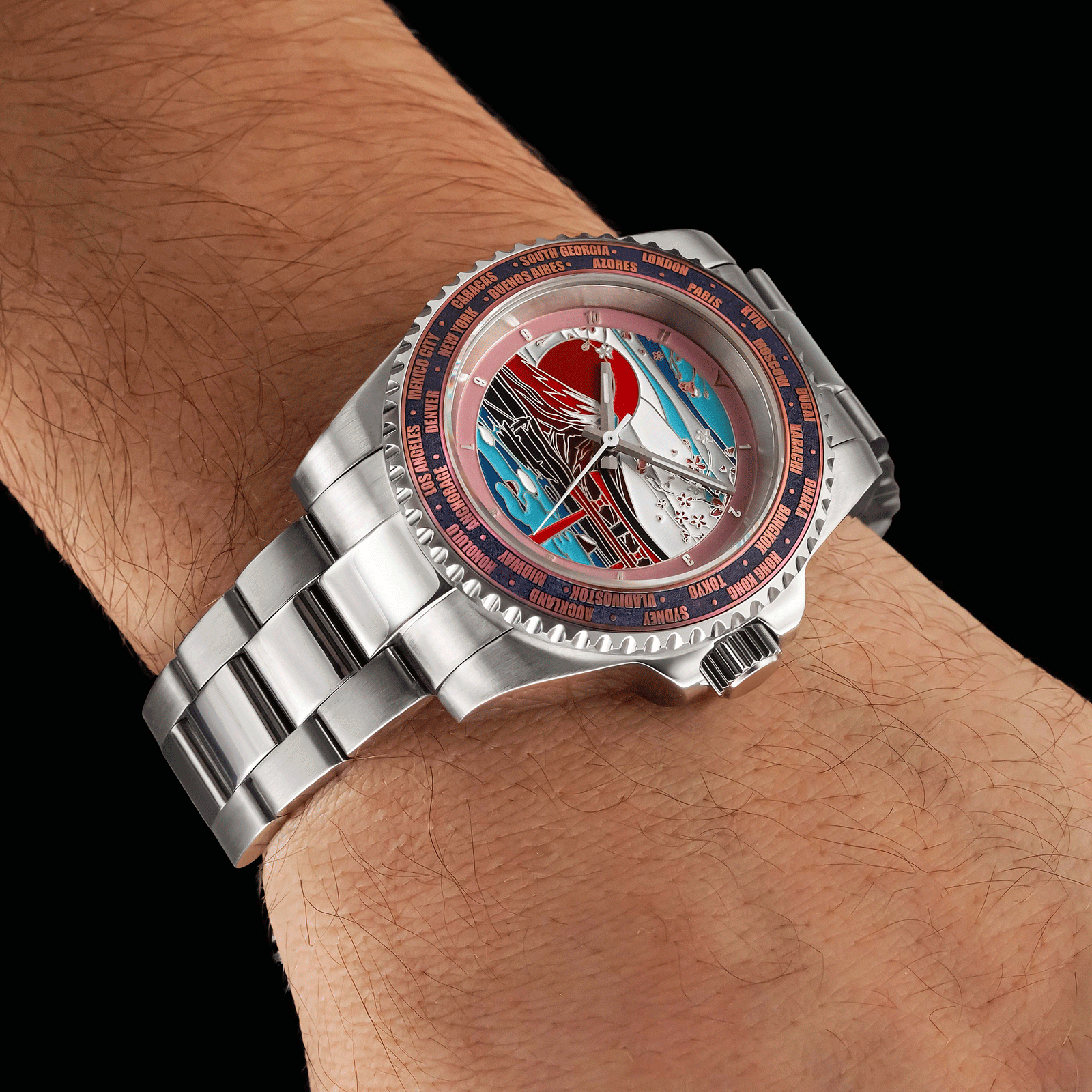 Automatic watch with a detailed face on a wrist against a black background