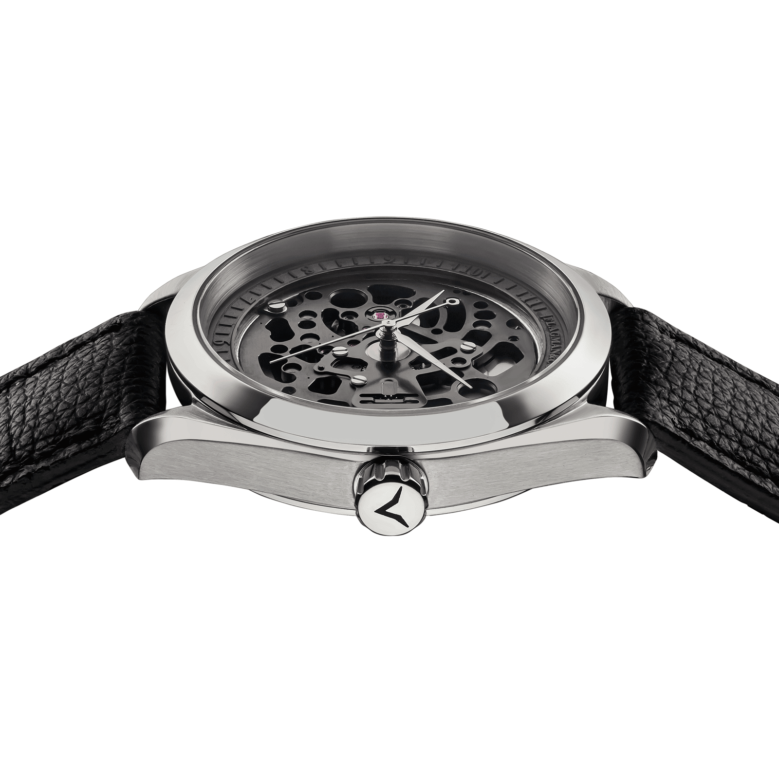 Handmade Watch with black leather strap and silver case on a white background