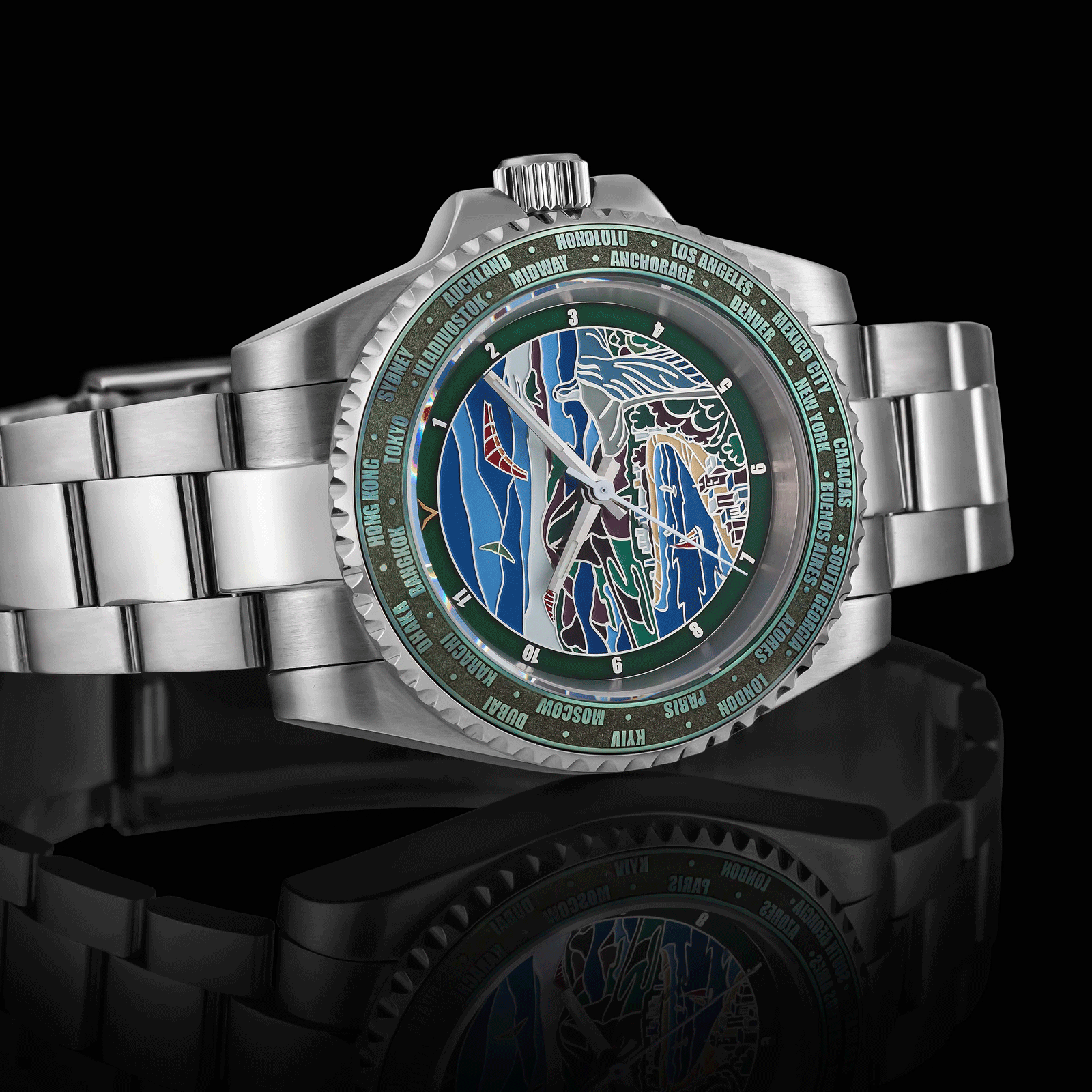 Art Deco wristwatch with a detailed face on a black background