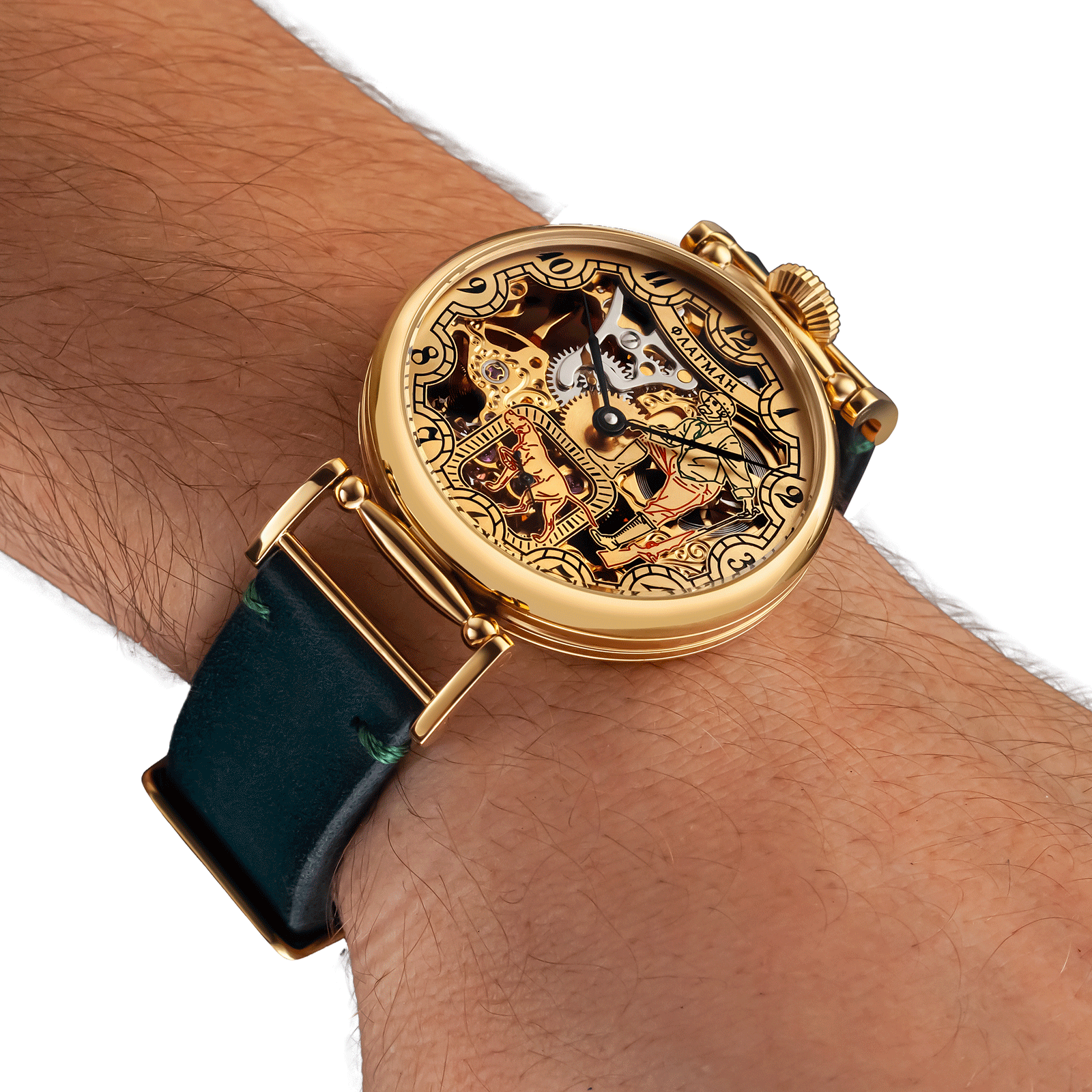 Skeleton handmade watch worn on wrist