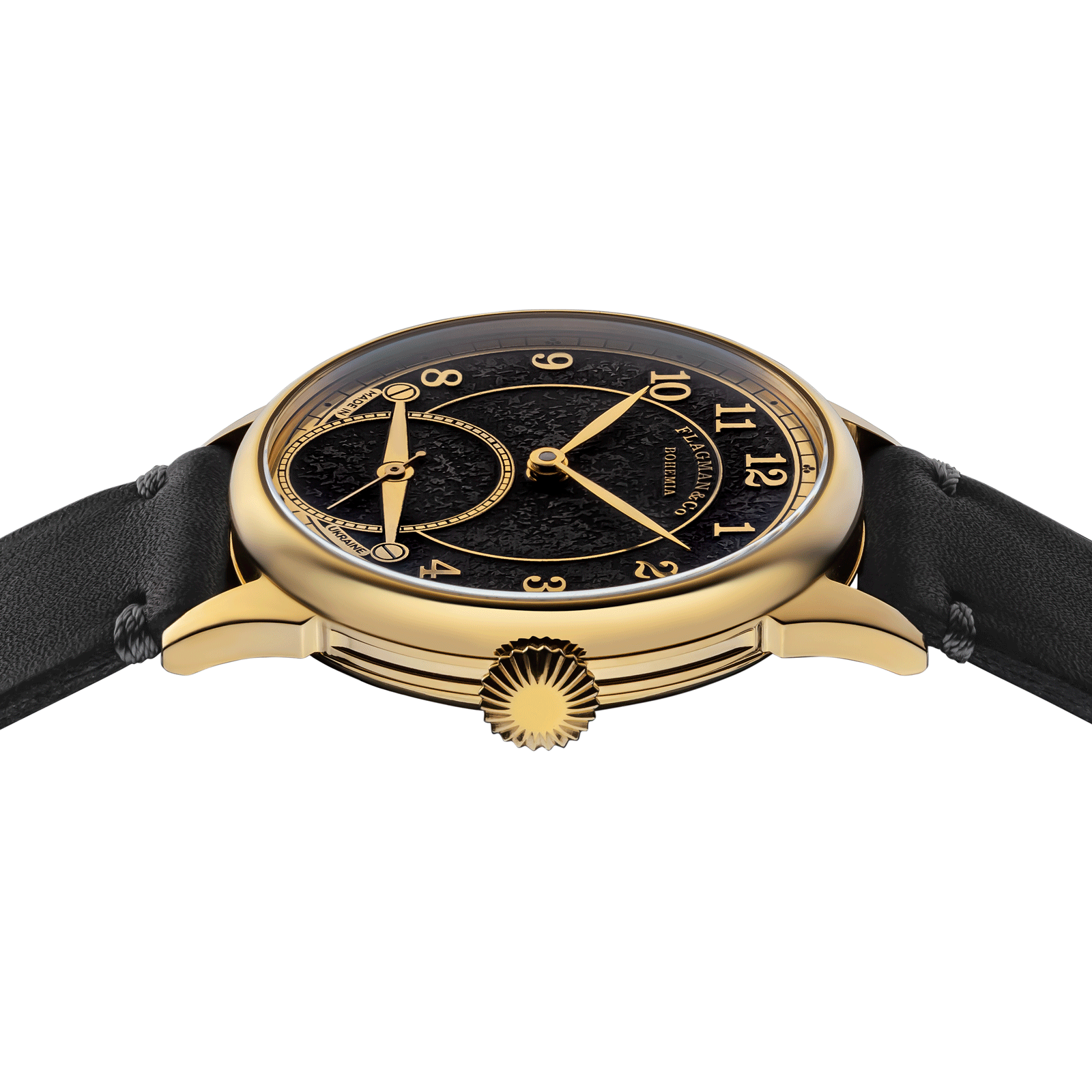 Close-up of Handmade watch with side crown and detailed case finish