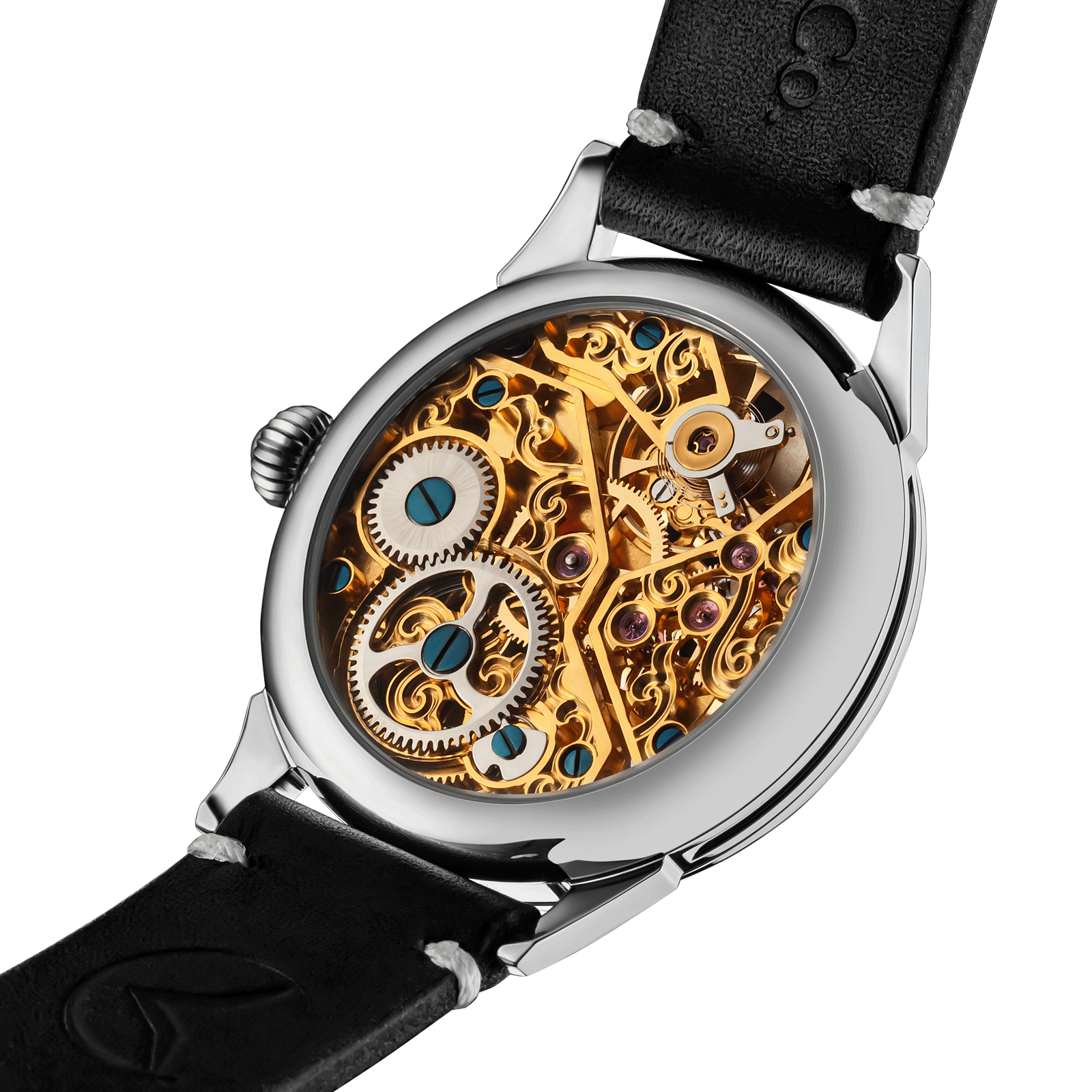 Back view of Poker watch – exposed movement and caseback design