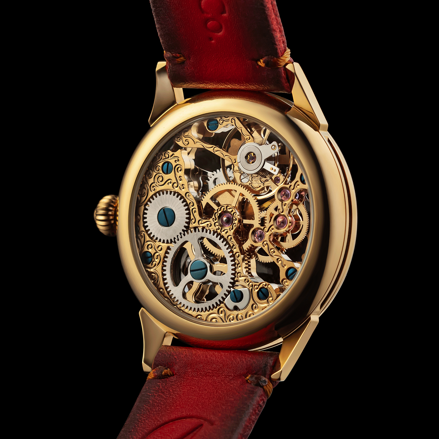 Rear view of skeleton mechanical watch showing open caseback and movement