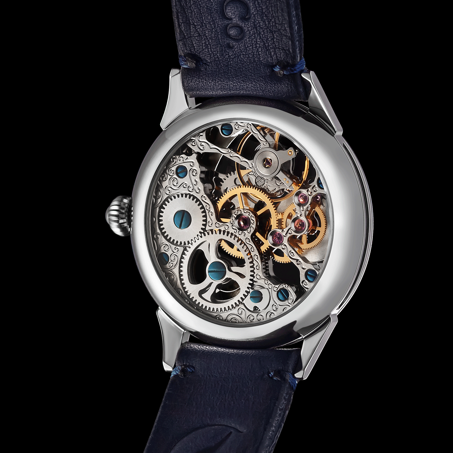 Rear view of Skeleton watch showing open caseback and movement