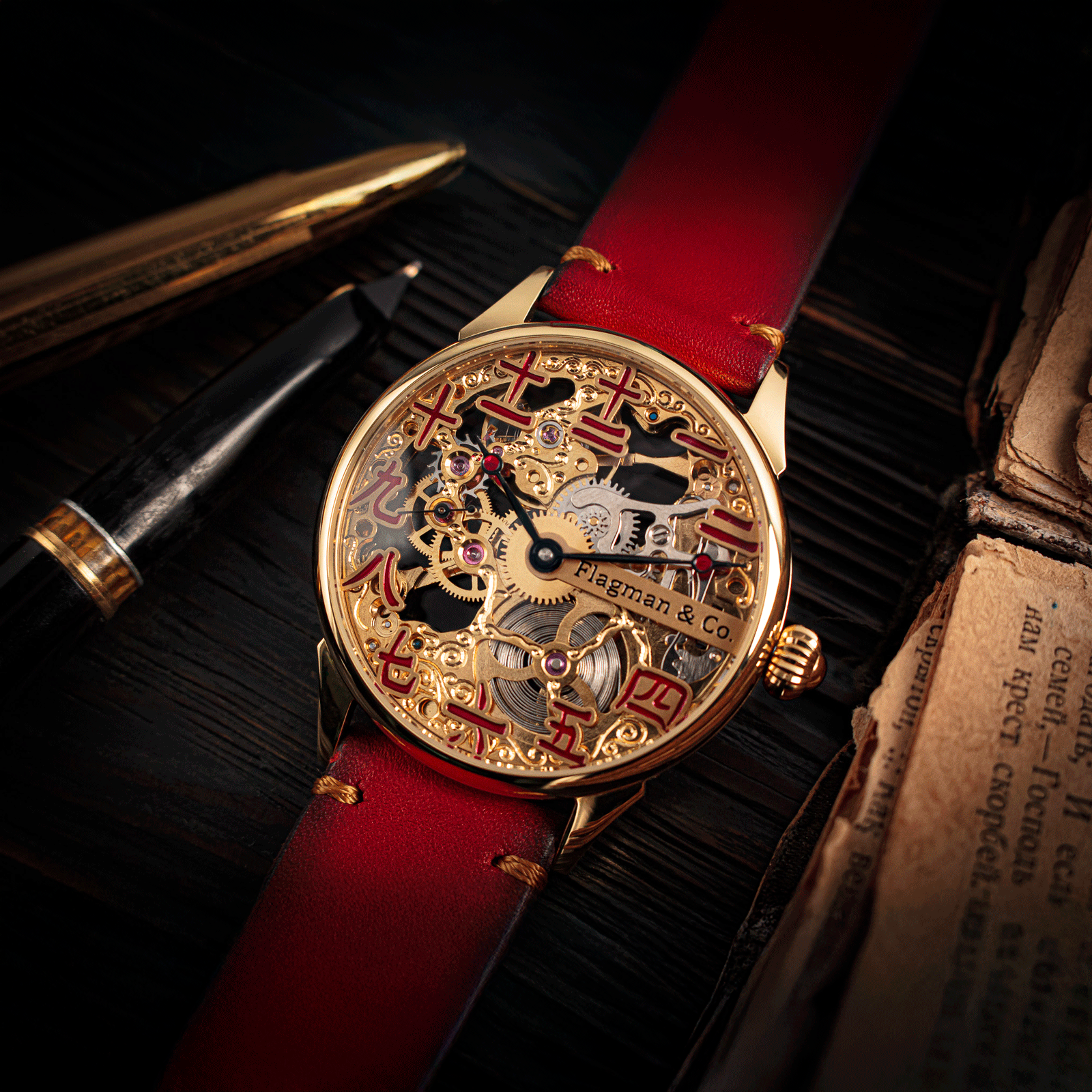 Lifestyle photo of Chinese Ruby watch in handmade watch – Skeleton watch
