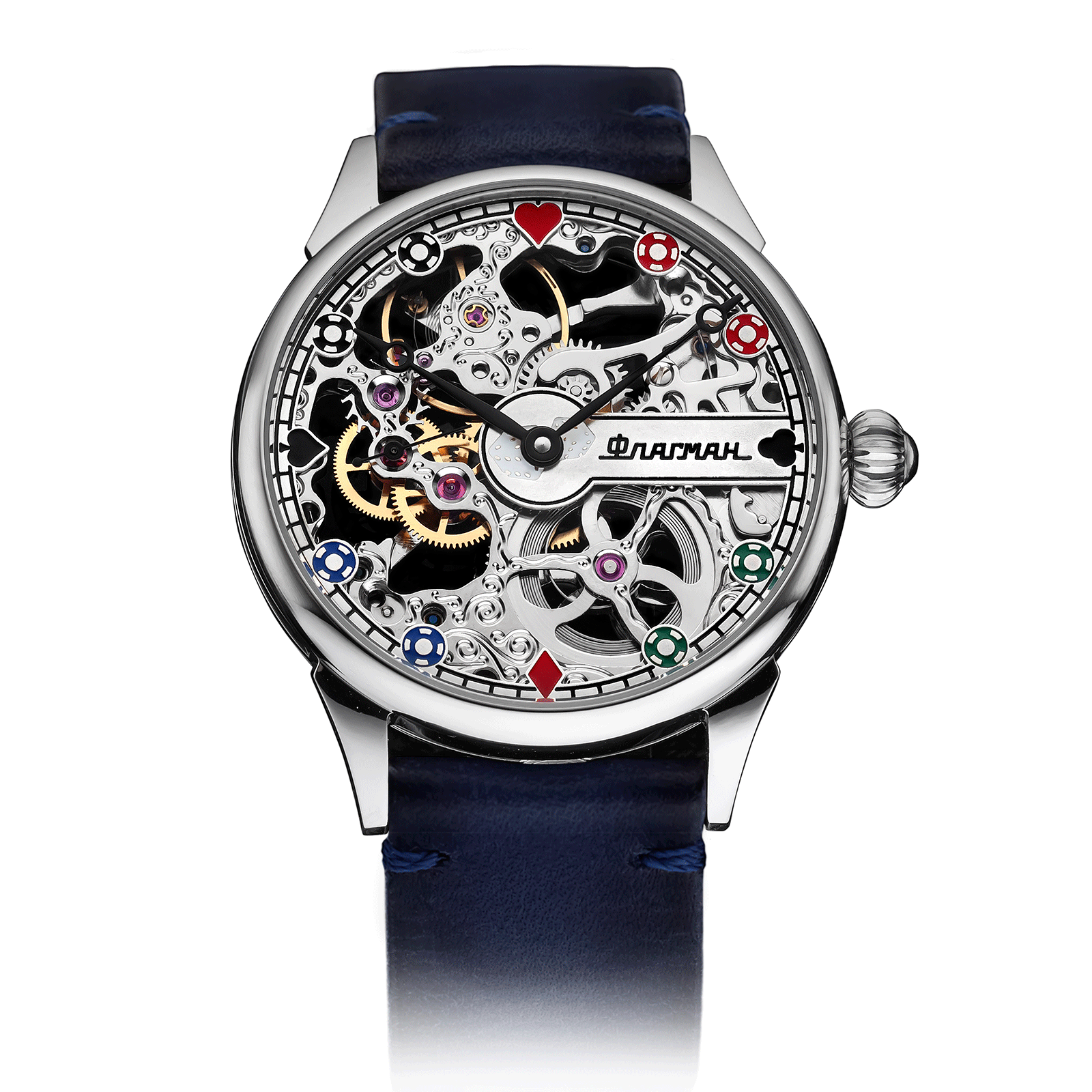 Blue Leather Strap on Chips Skeleton Watch #color_blue