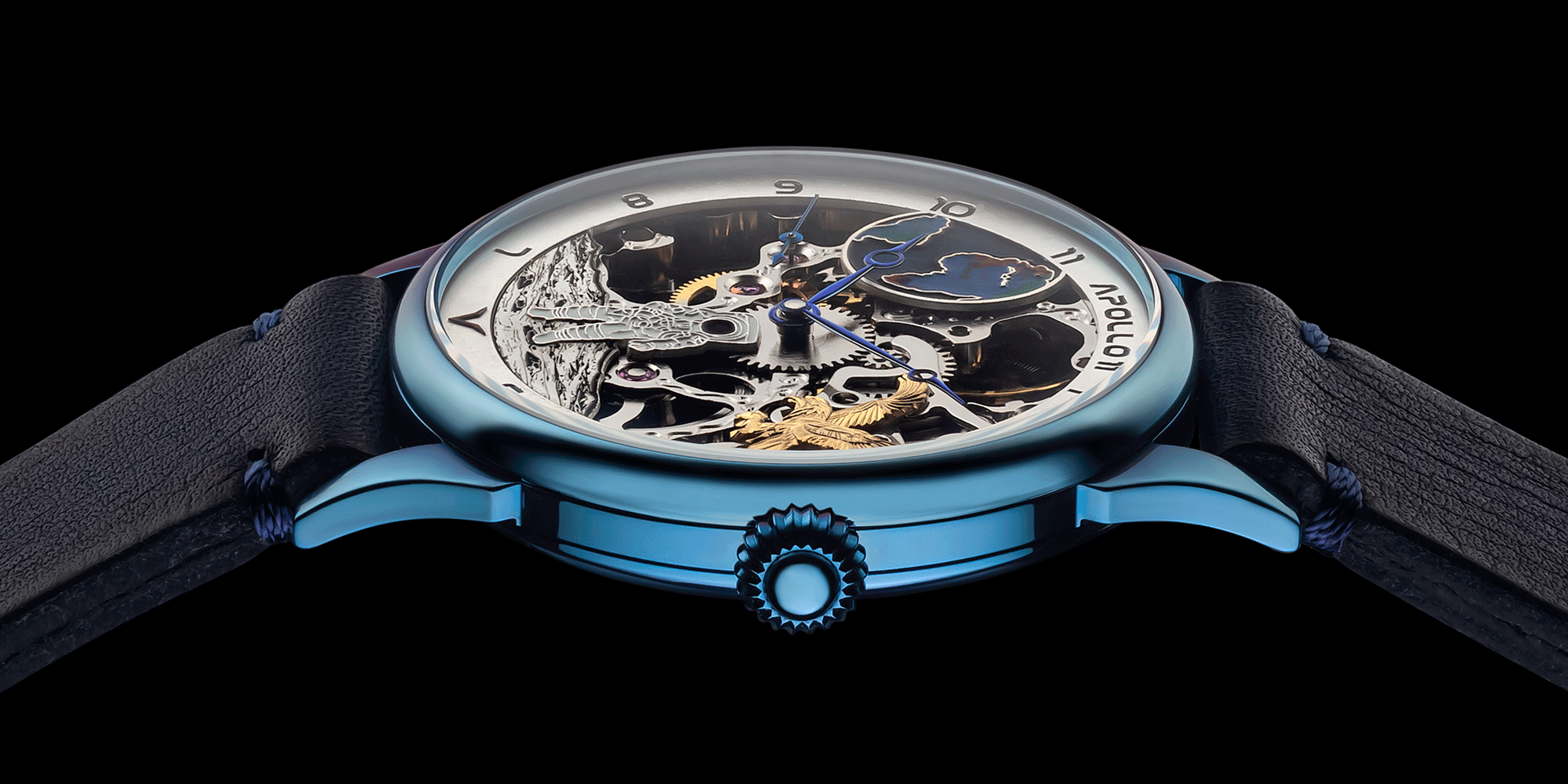 Close-up of skeleton mechanical watch crown