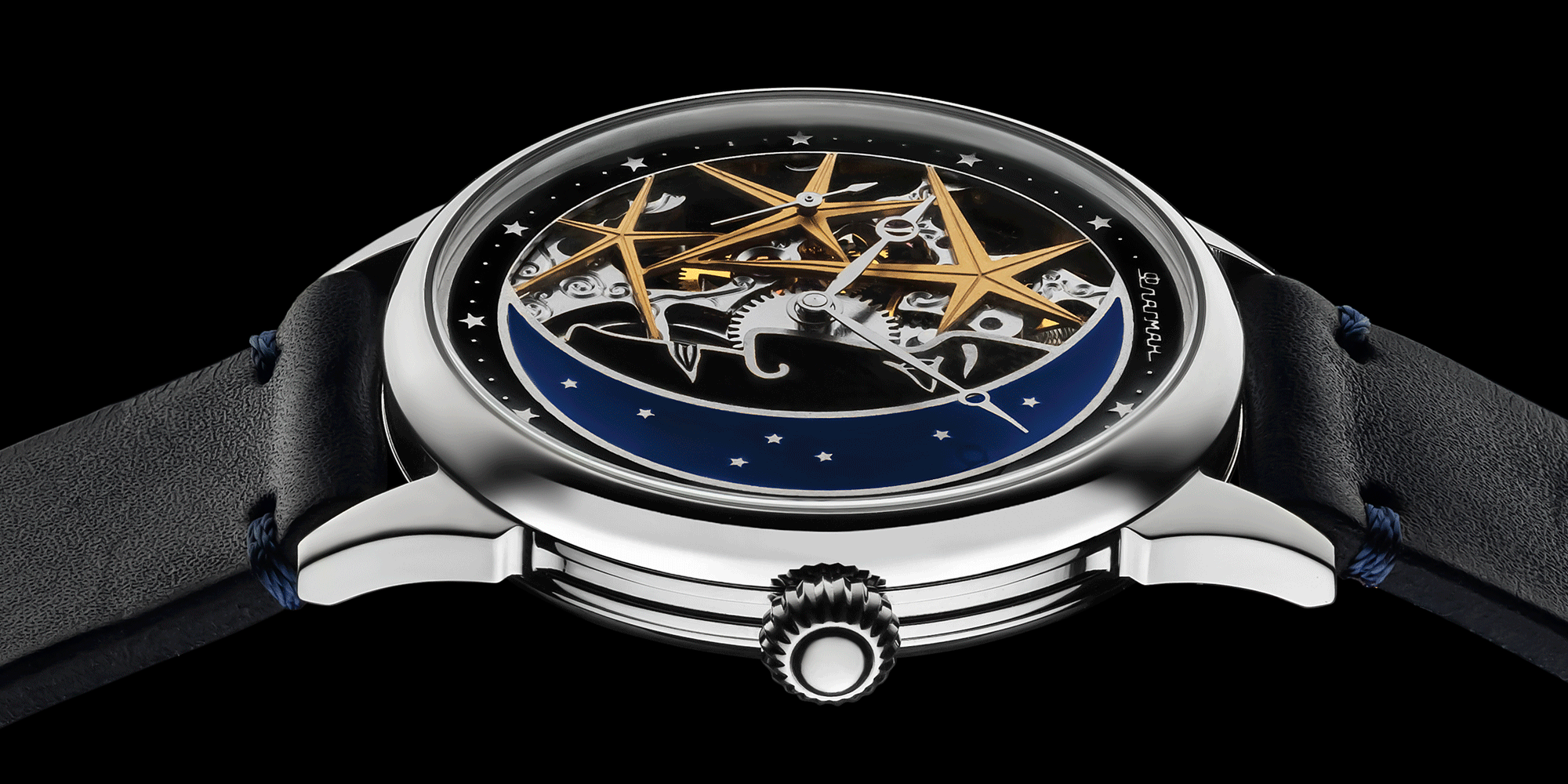 Close-up of Mens skeleton mechanical watch crown