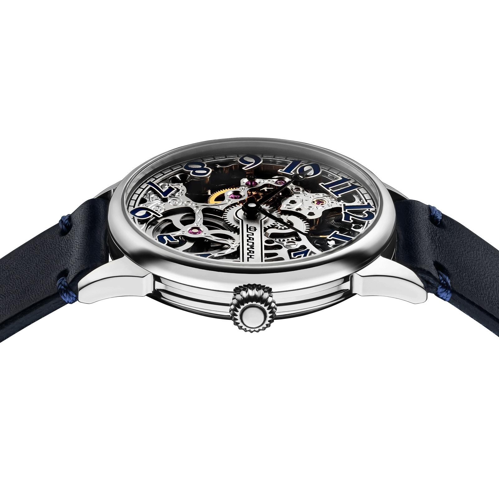 Close-up of Steampunk watch with side crown and detailed case finish