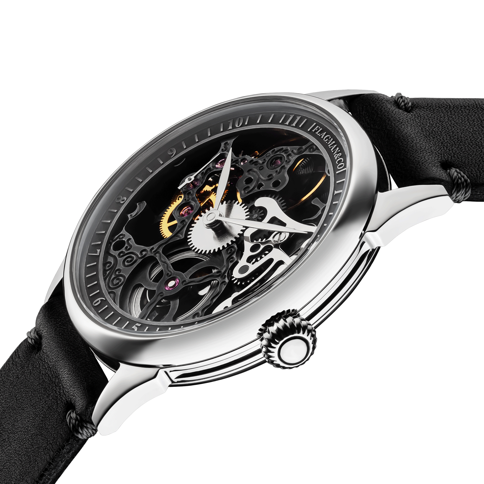 Close-up of Steampunk watch with side crown and detailed case finish