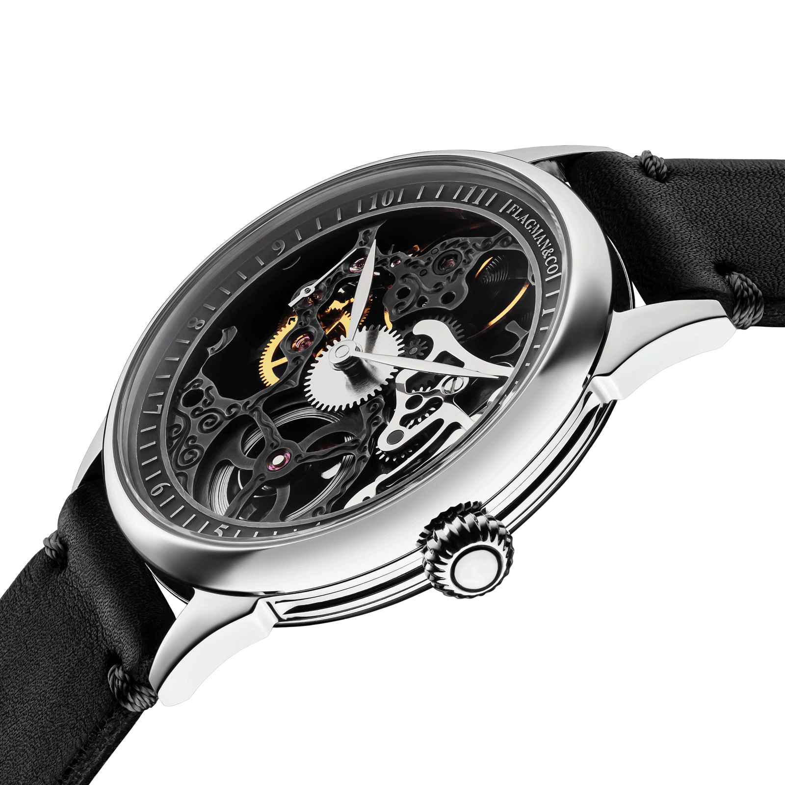 Close-up of Steampunk watch with side crown and detailed case finish