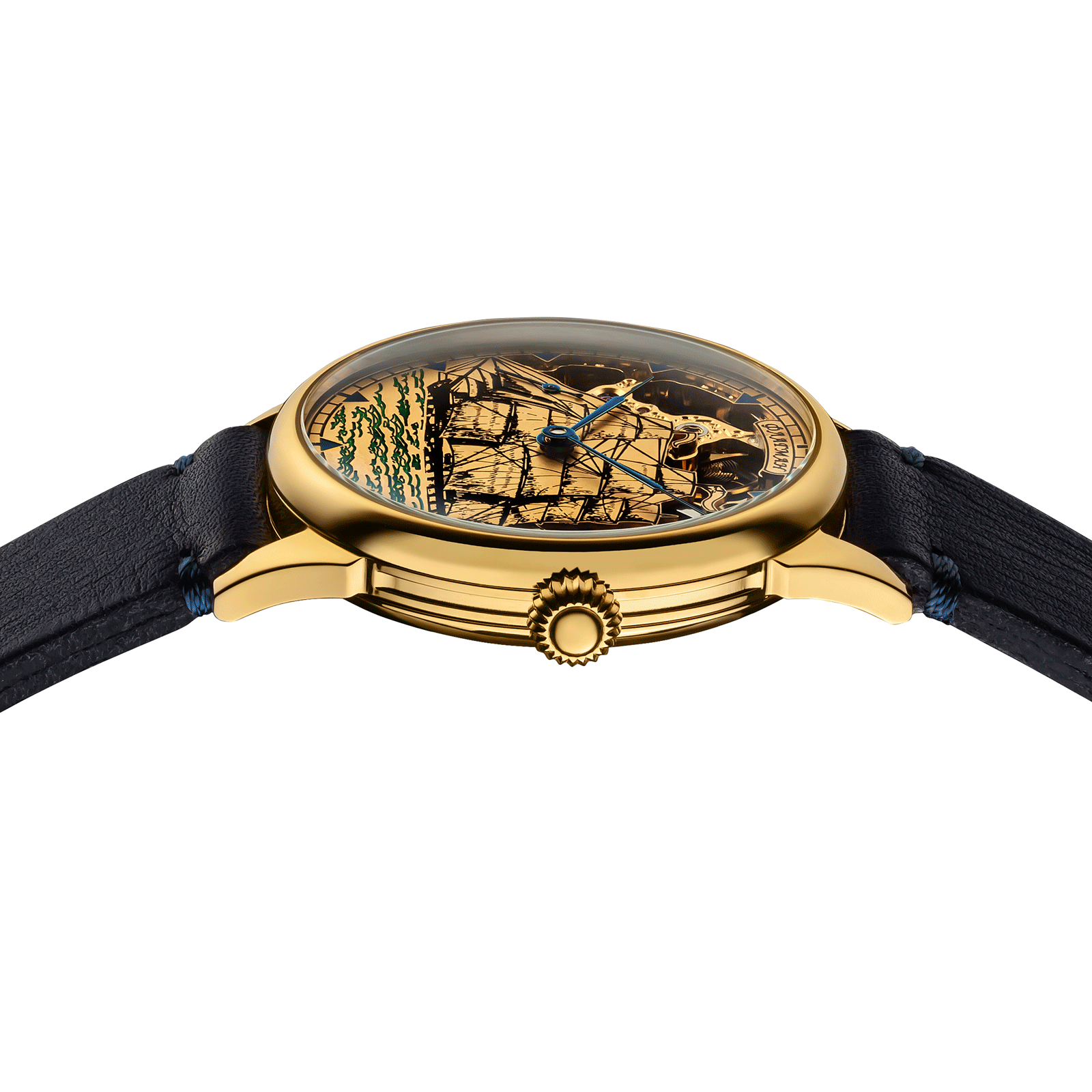 Close-up of Masterpiece watch with side crown and detailed case finish