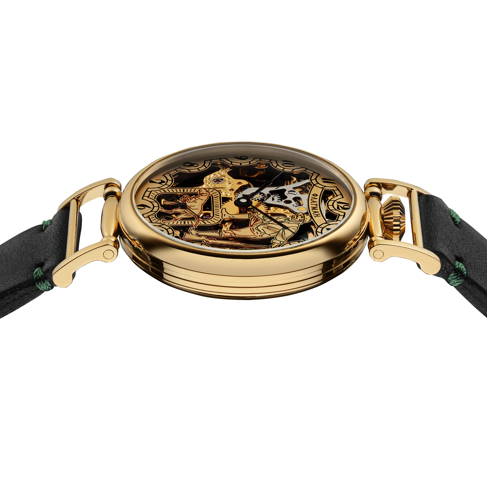 Close-up of Masterpiece watch with side crown and detailed case finish