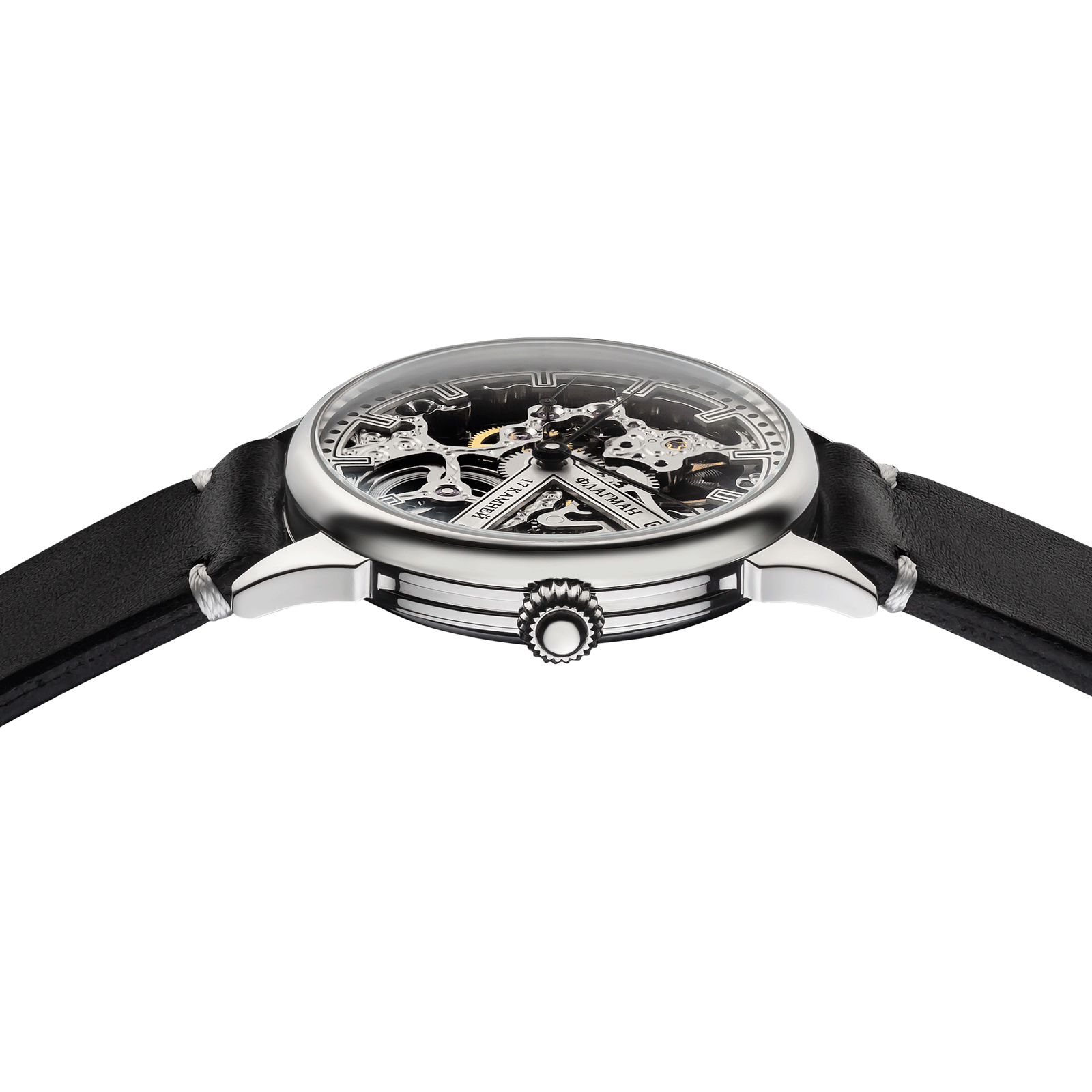 Close-up of Skeleton watch with side crown and detailed case finish