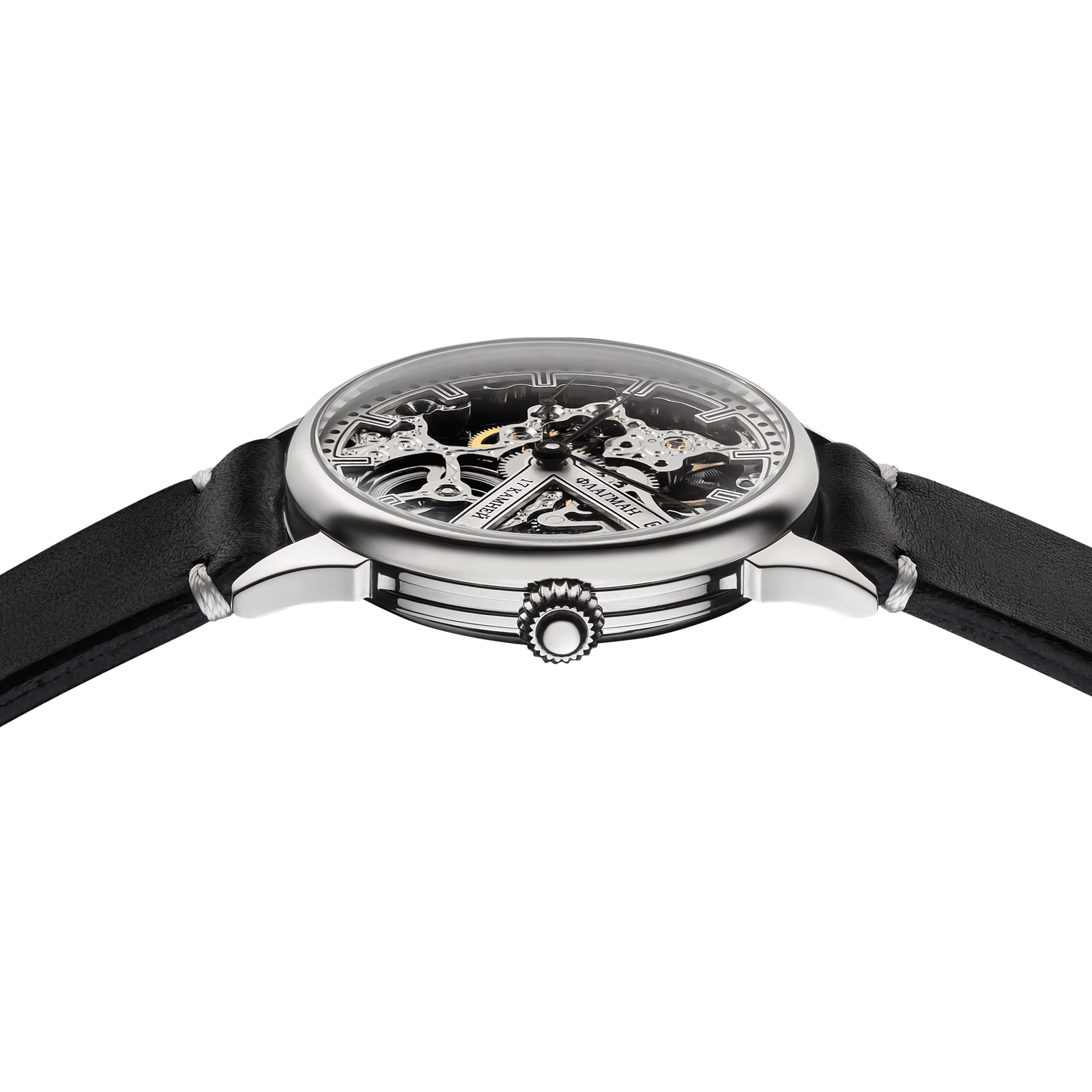 Close-up of Skeleton watch with side crown and detailed case finish