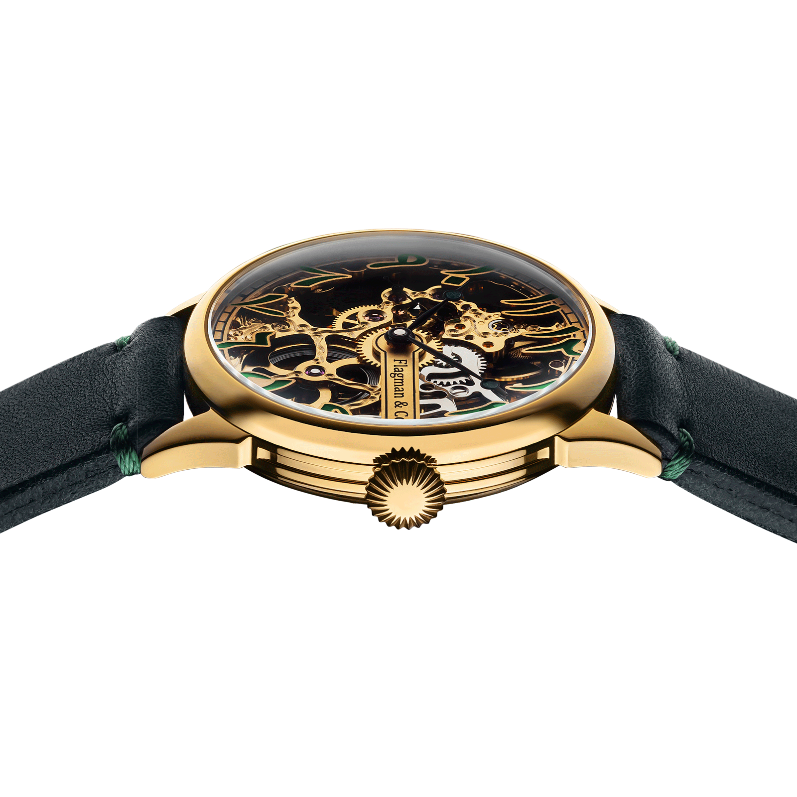 Close-up of Masterpiece watch with side crown - Arabic Emerald