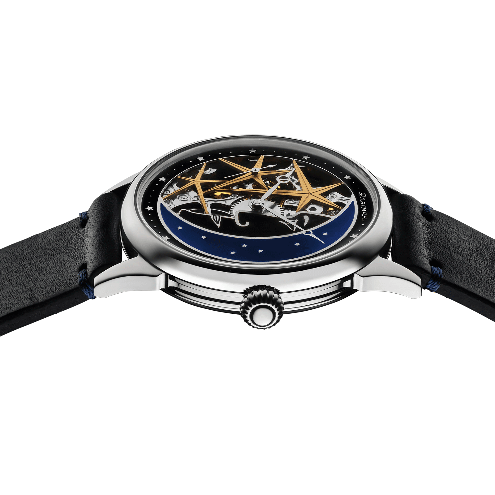 Close-up of Masterpiece watch with side crown and detailed case - Skeleton watch