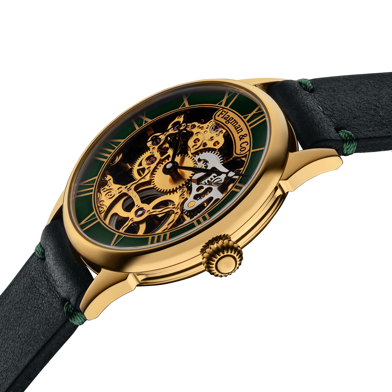 Close-up of Masterpiece watch with side crown and detailed case finish