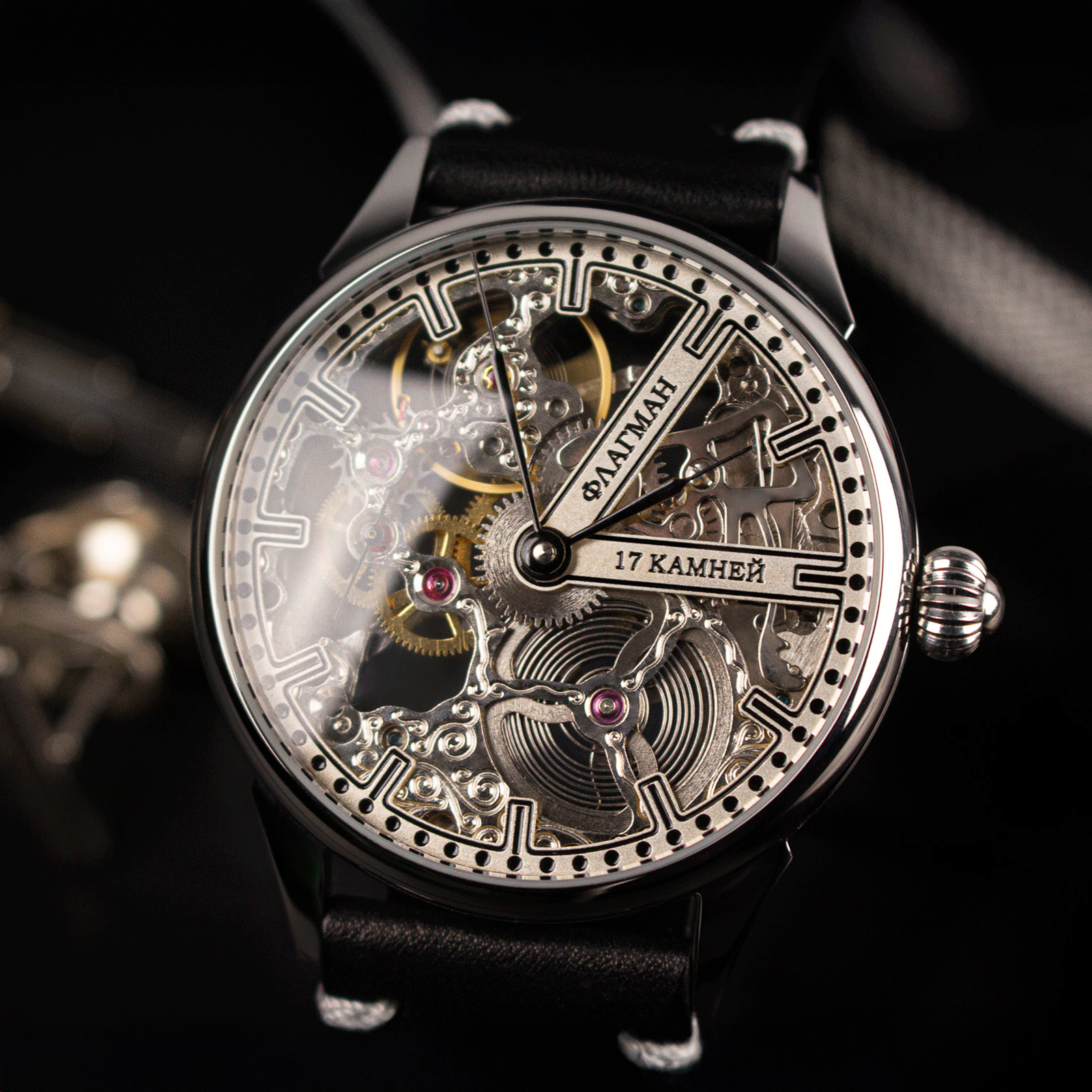 Lifestyle photo of steampunk watch in handmade watch – skeleton watch