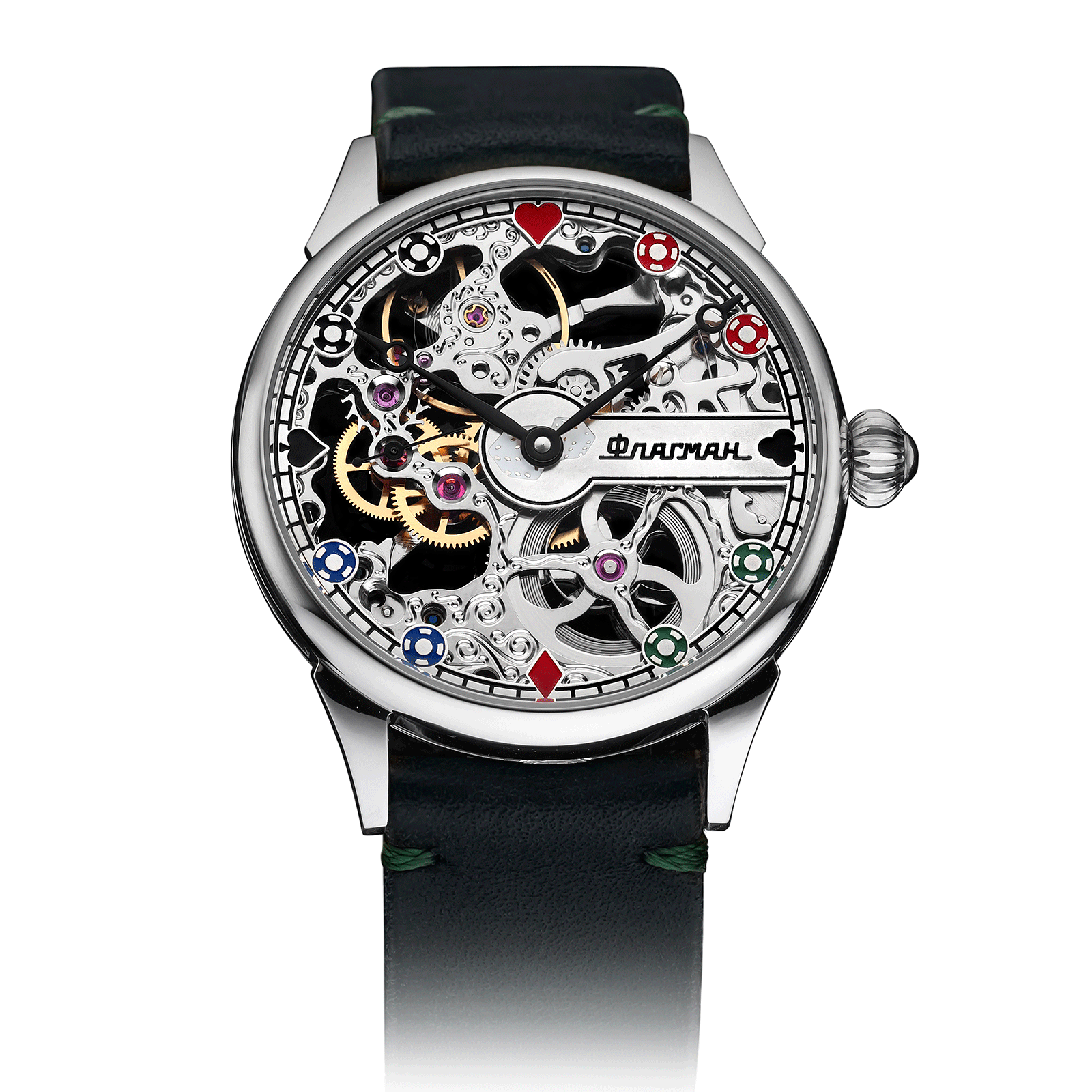 Chips watch with Green Leather Strap – Skeleton Watch #color_green