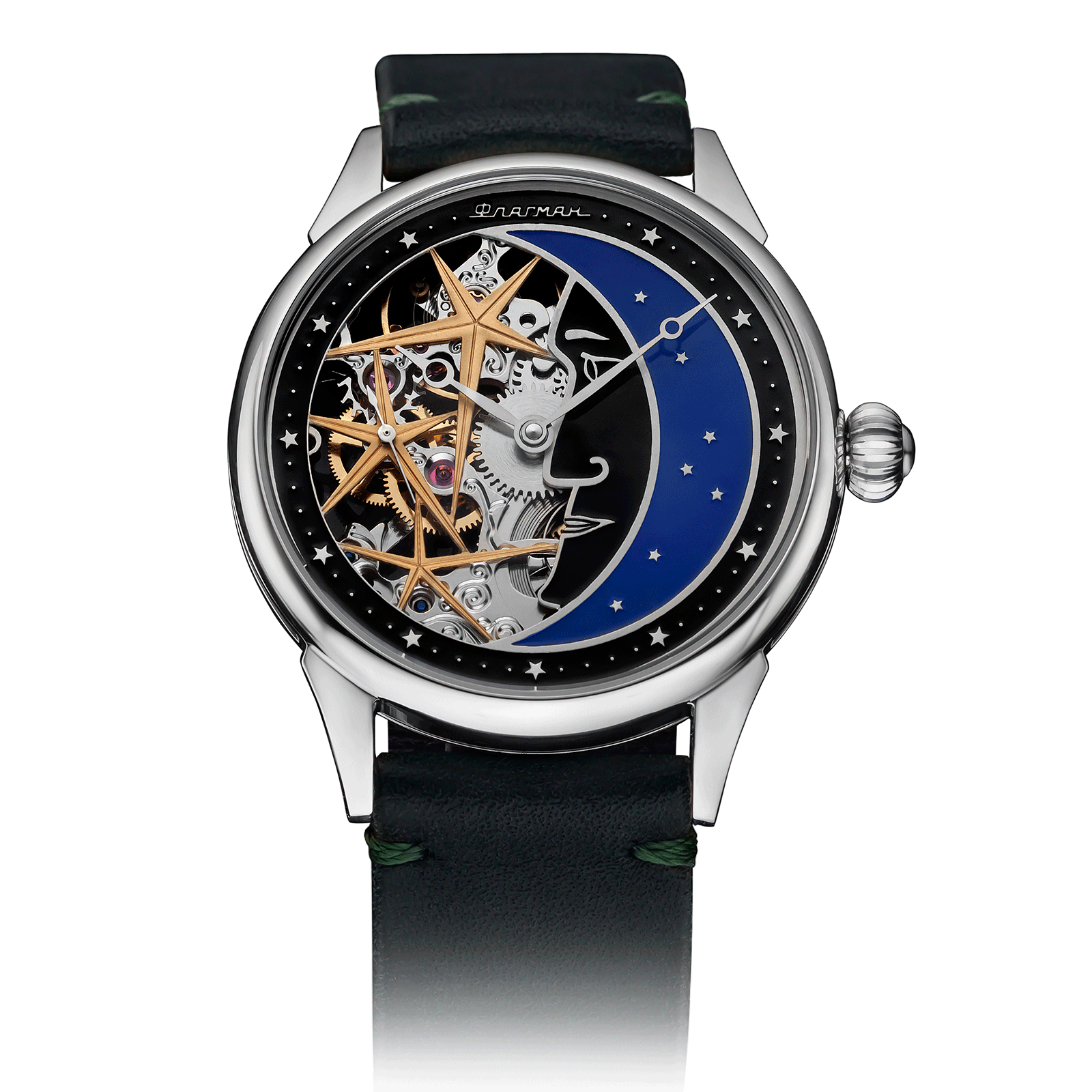 Crescent Moon watch with Green Leather Strap – Skeleton Watch #color_green