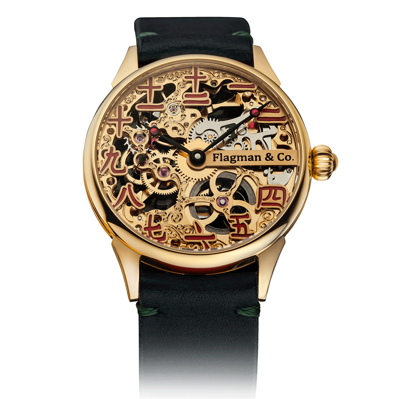 Chinese Ruby watch with Green Leather Strap – Skeleton Watch #color_green
