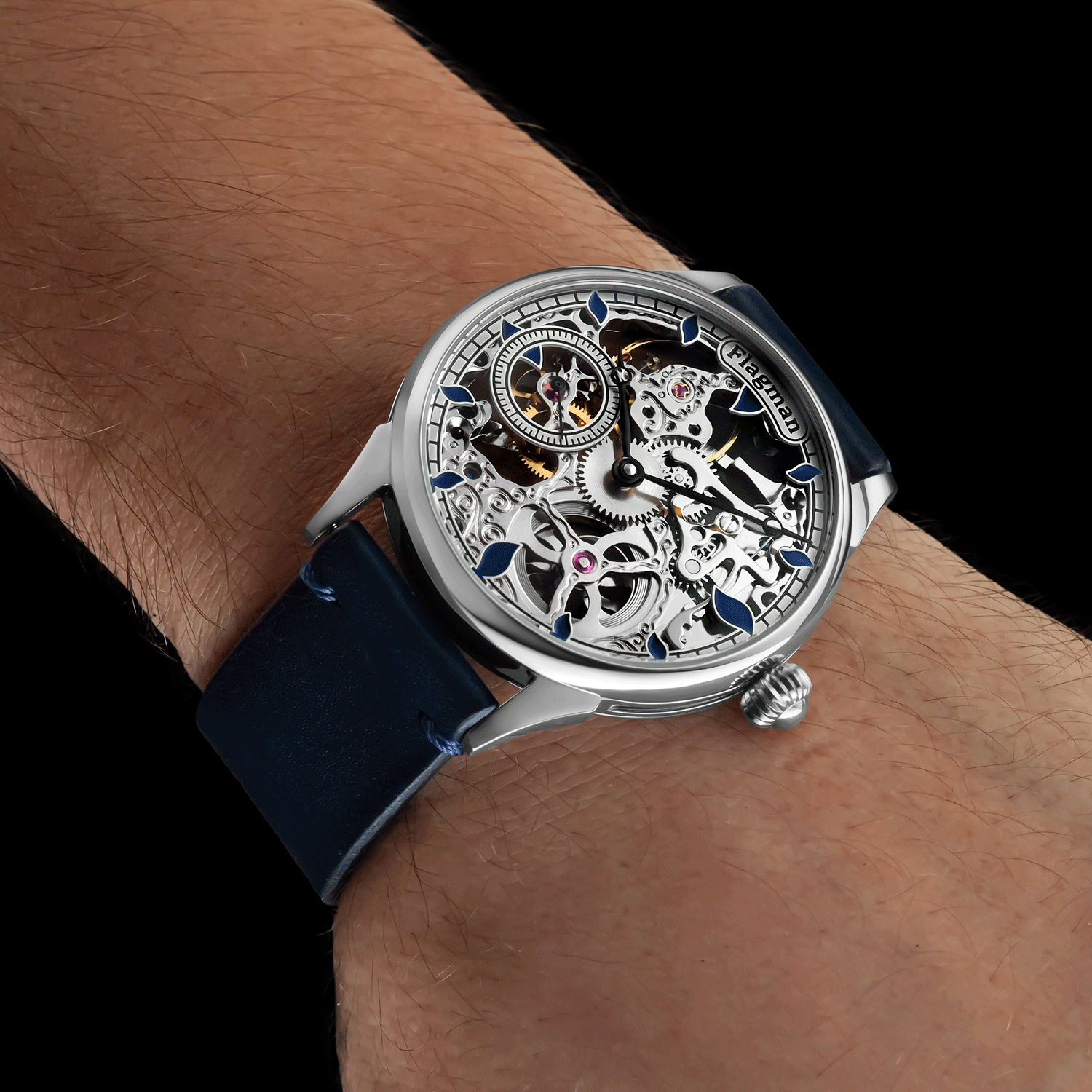 Front view of steampunk watch worn on wrist