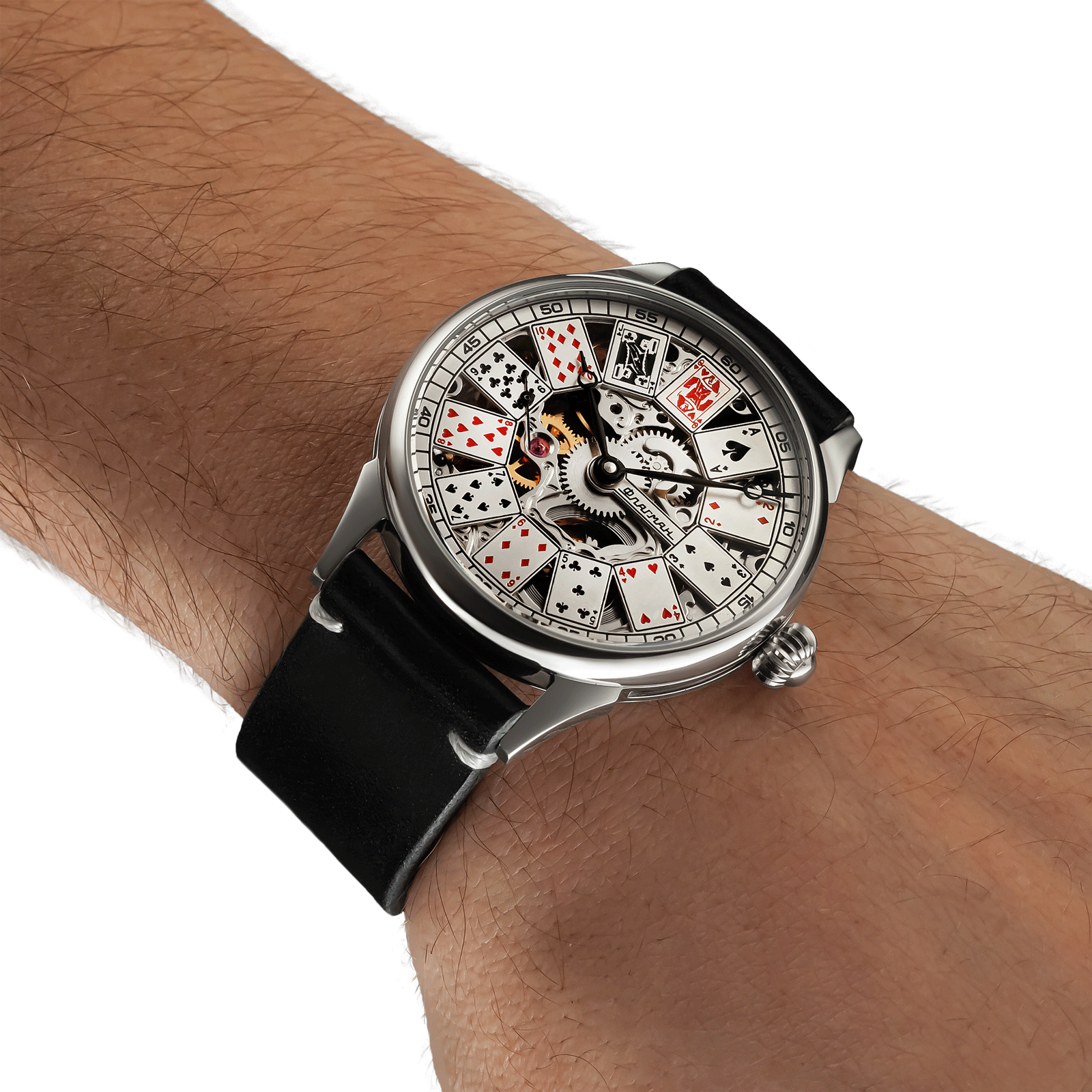 Men’s skeleton watch worn on wrist – handmade style with exposed mechanical movement