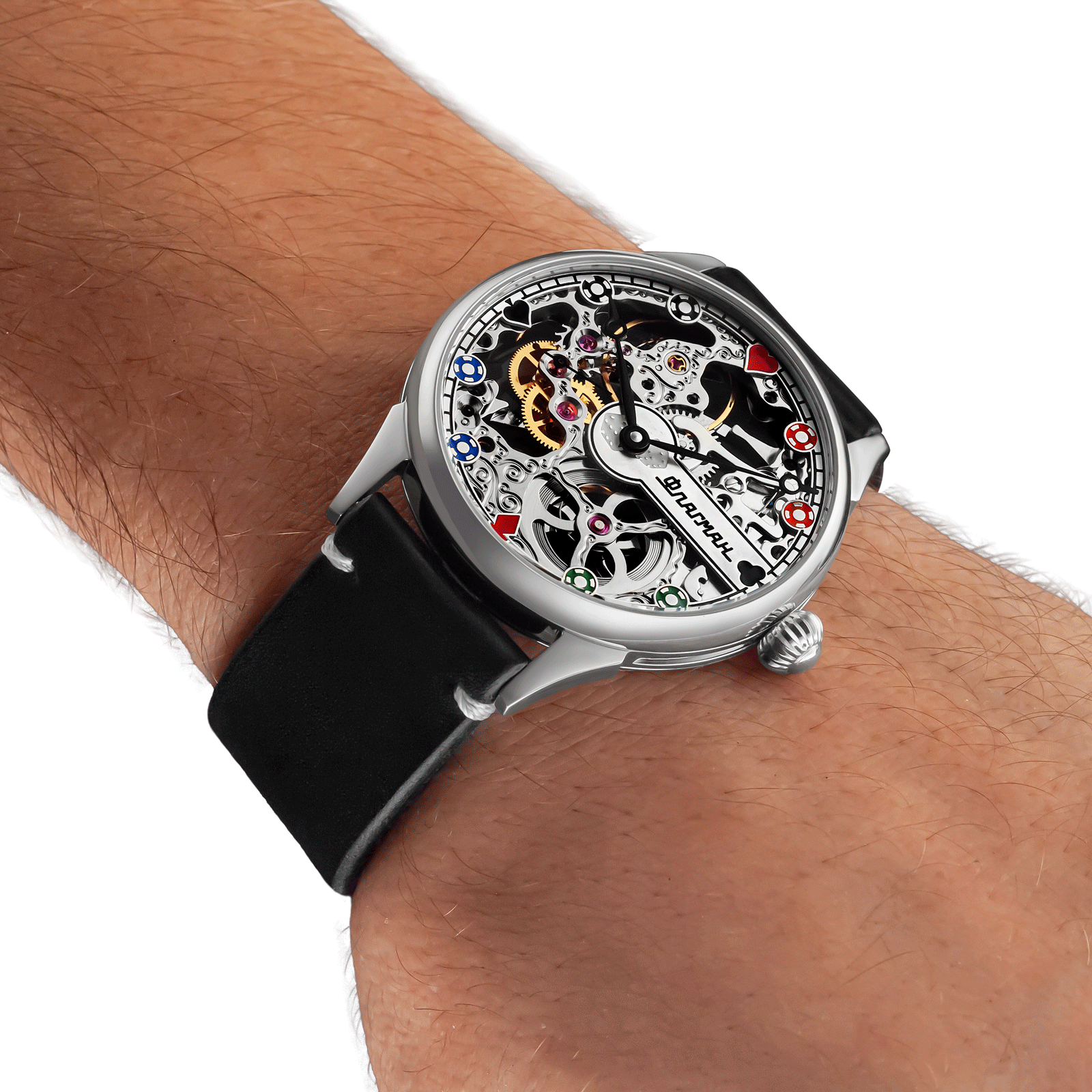 Skeleton watch worn on wrist – handmade style