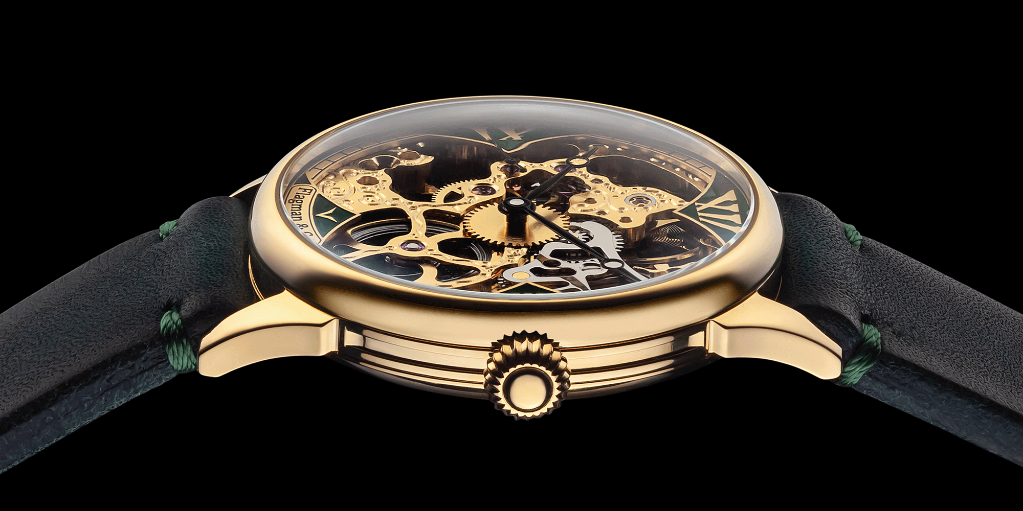 Close-up of mens skeleton mechanical watch crown - Shards