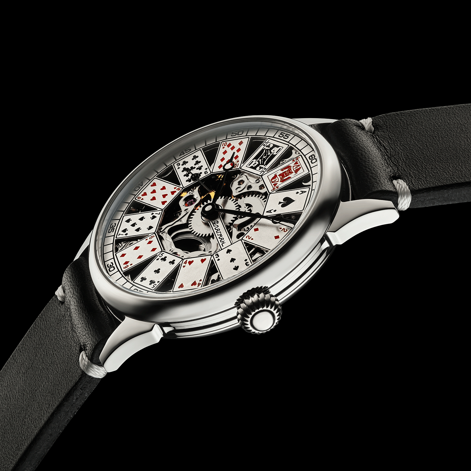 Side view of mens skeleton mechanical watch – showing case thickness and design profile