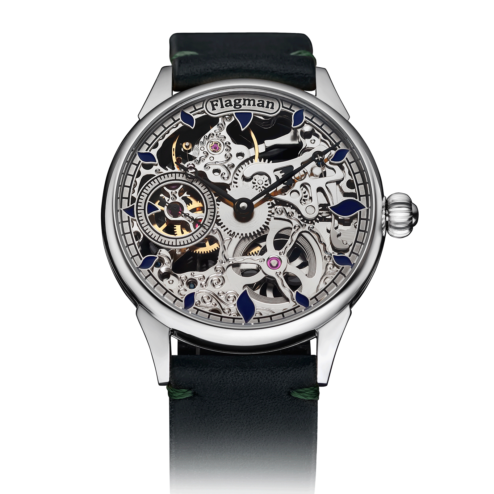 Aether Drop watch with Green Leather Strap – Skeleton Watch #color_green