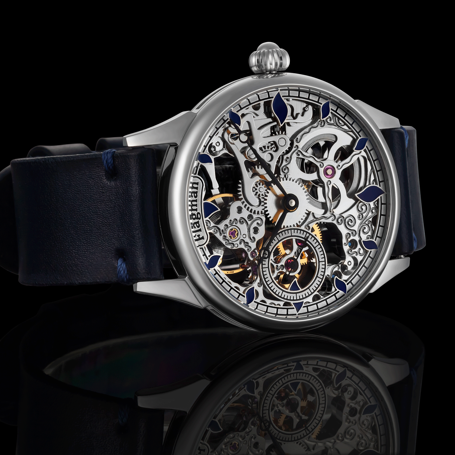 Front view detail of Aether Drop steampunk skeleton watch