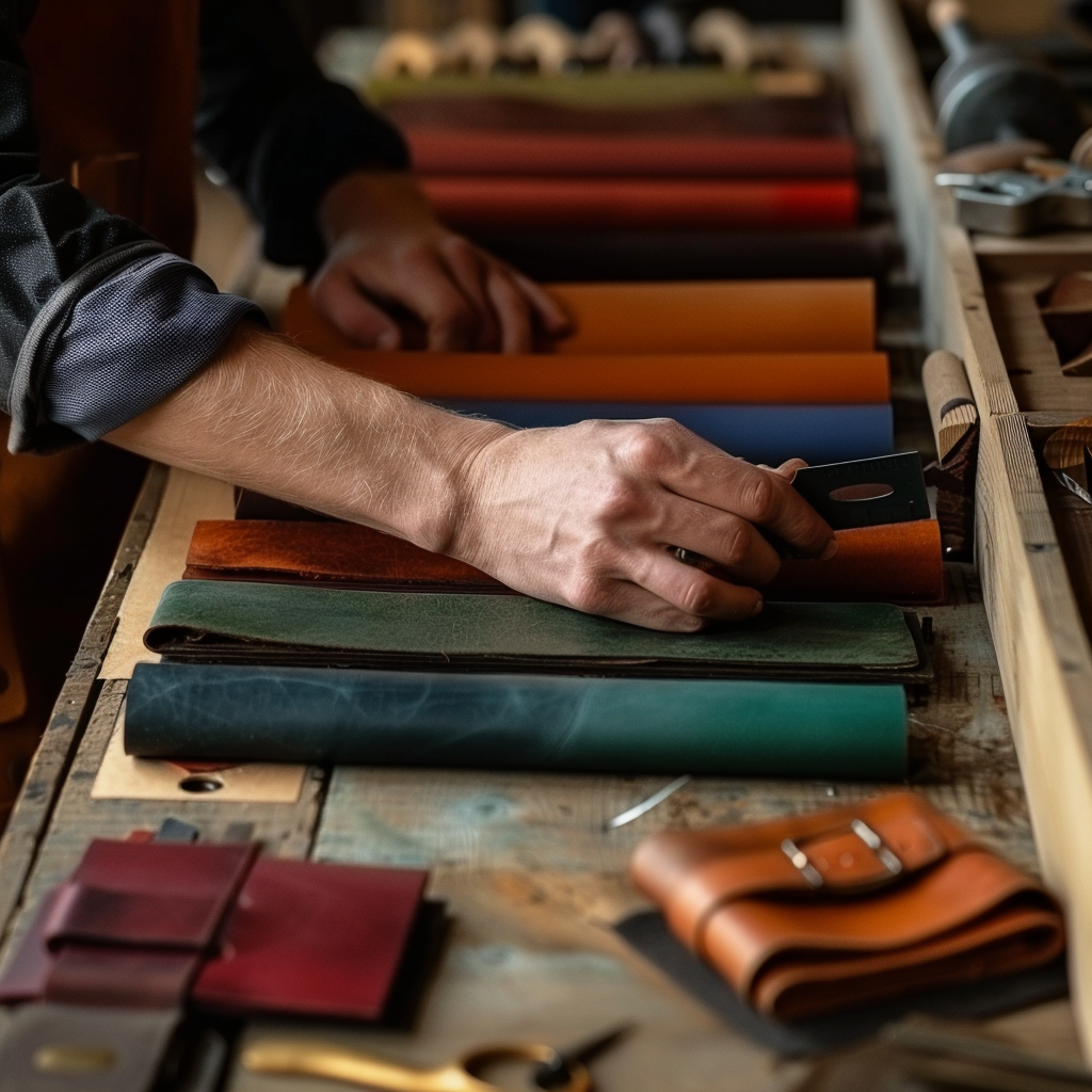 Person working with leather samples on a table in a workshop.