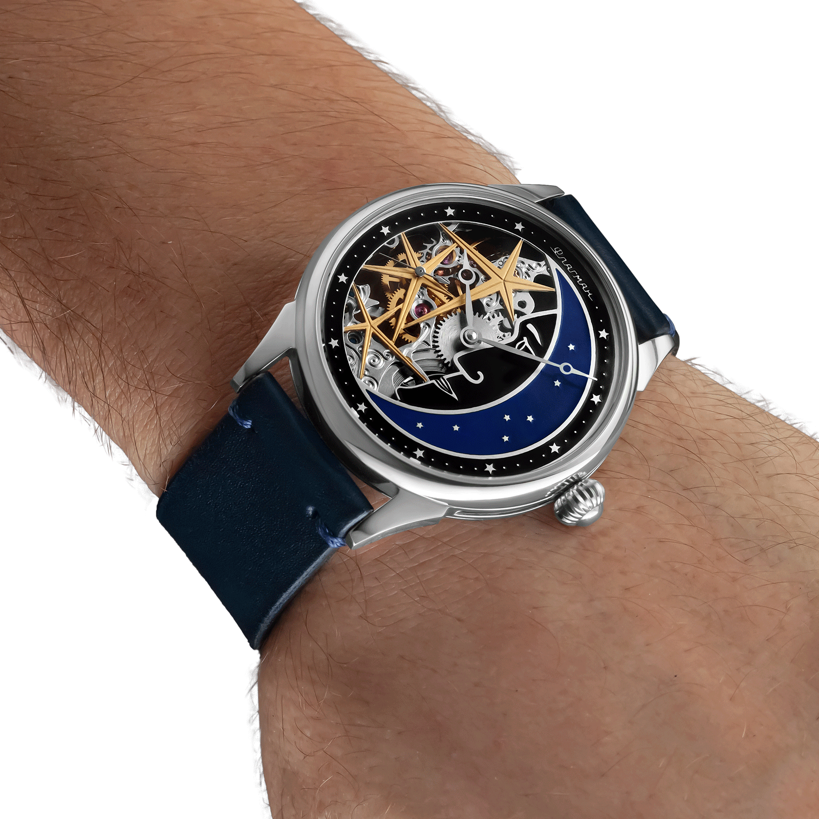 Moon Skeleton handmade watch worn on wrist