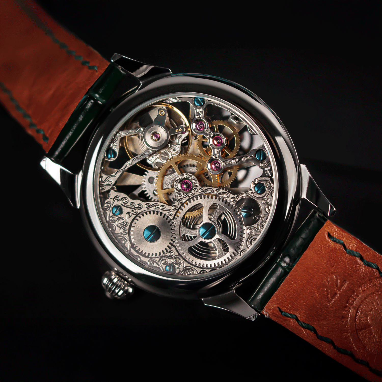 Skeleton watch with visible mechanical components on a brown leather strap against a black background