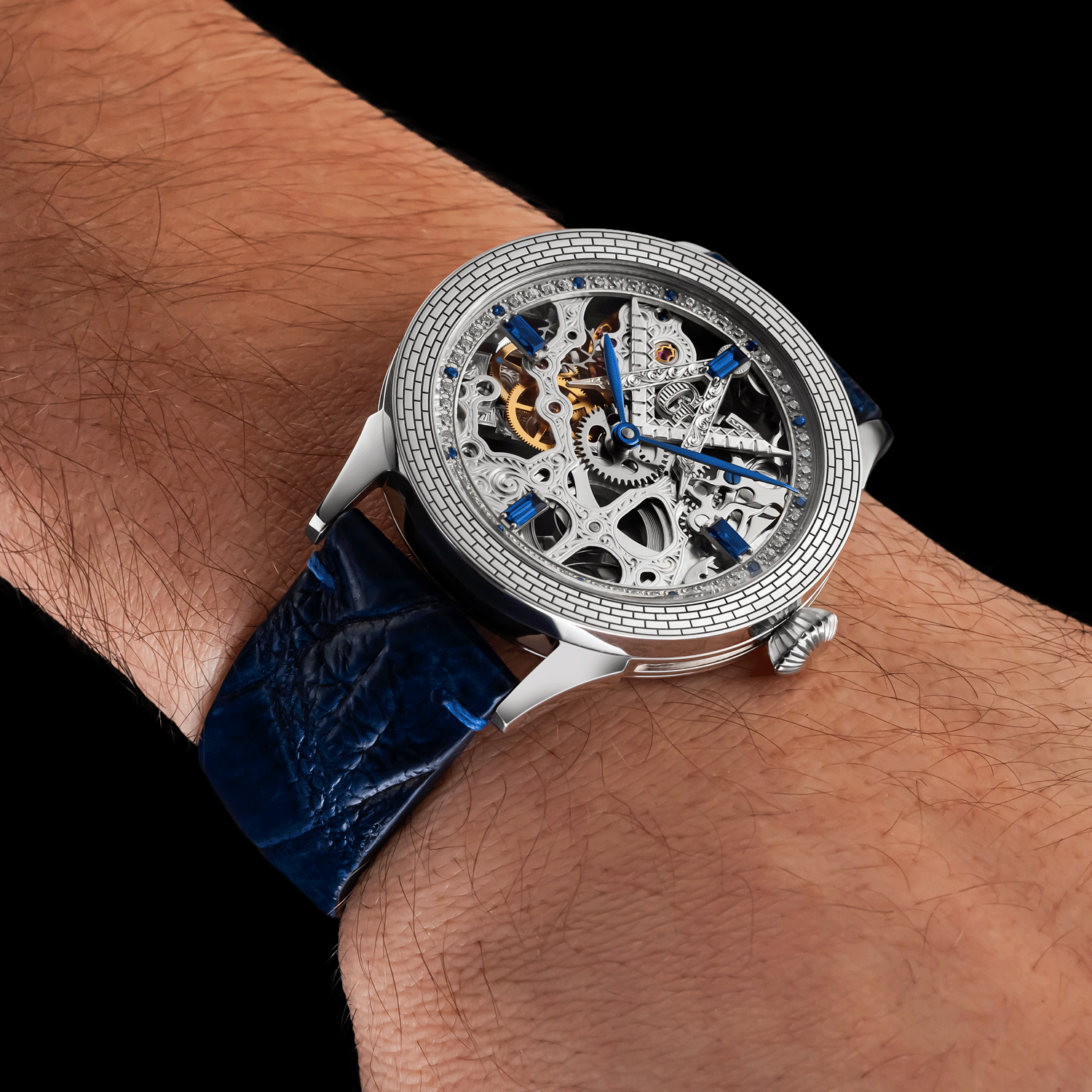 Front view of skeleton watch Mystery Blue, worn on wrist