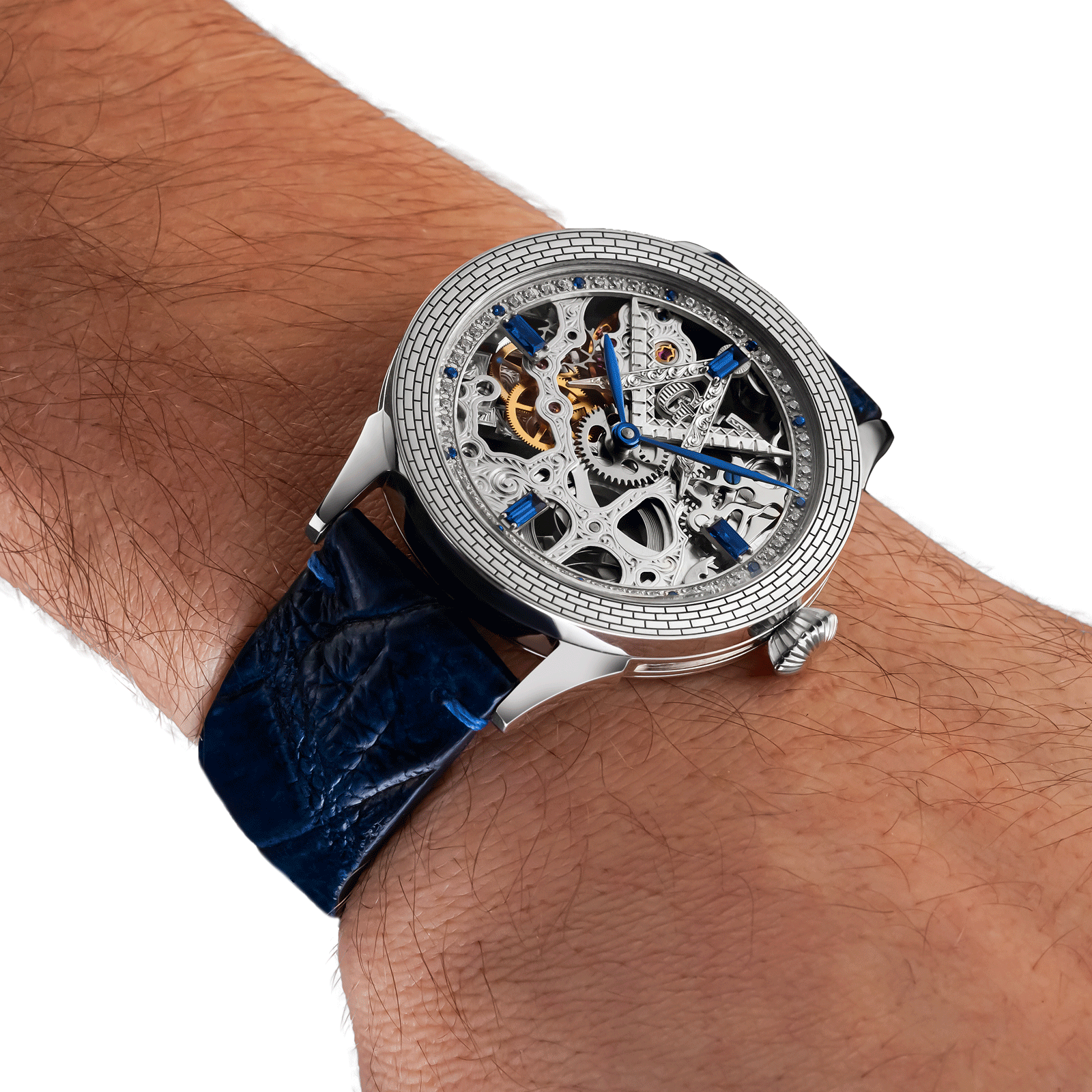 Skeleton handmade watch Mystery Blue worn on wrist