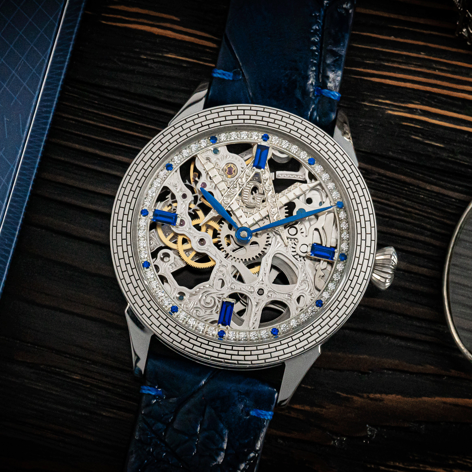 Lifestyle photo of Mystery Blue masonic watch in handmade watch – skeleton watch