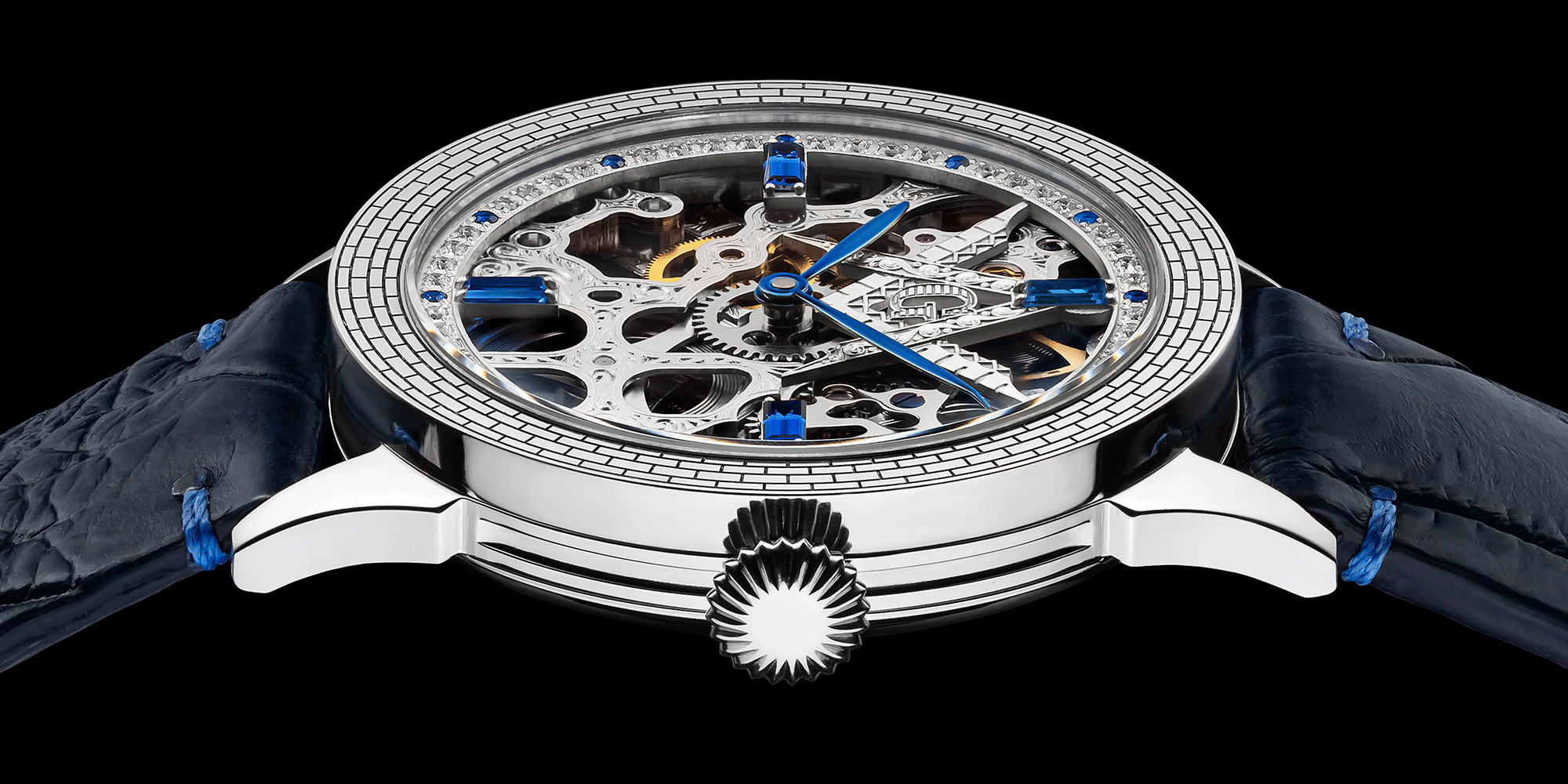Close-up of skeleton mechanical watch Mystery Blue crown