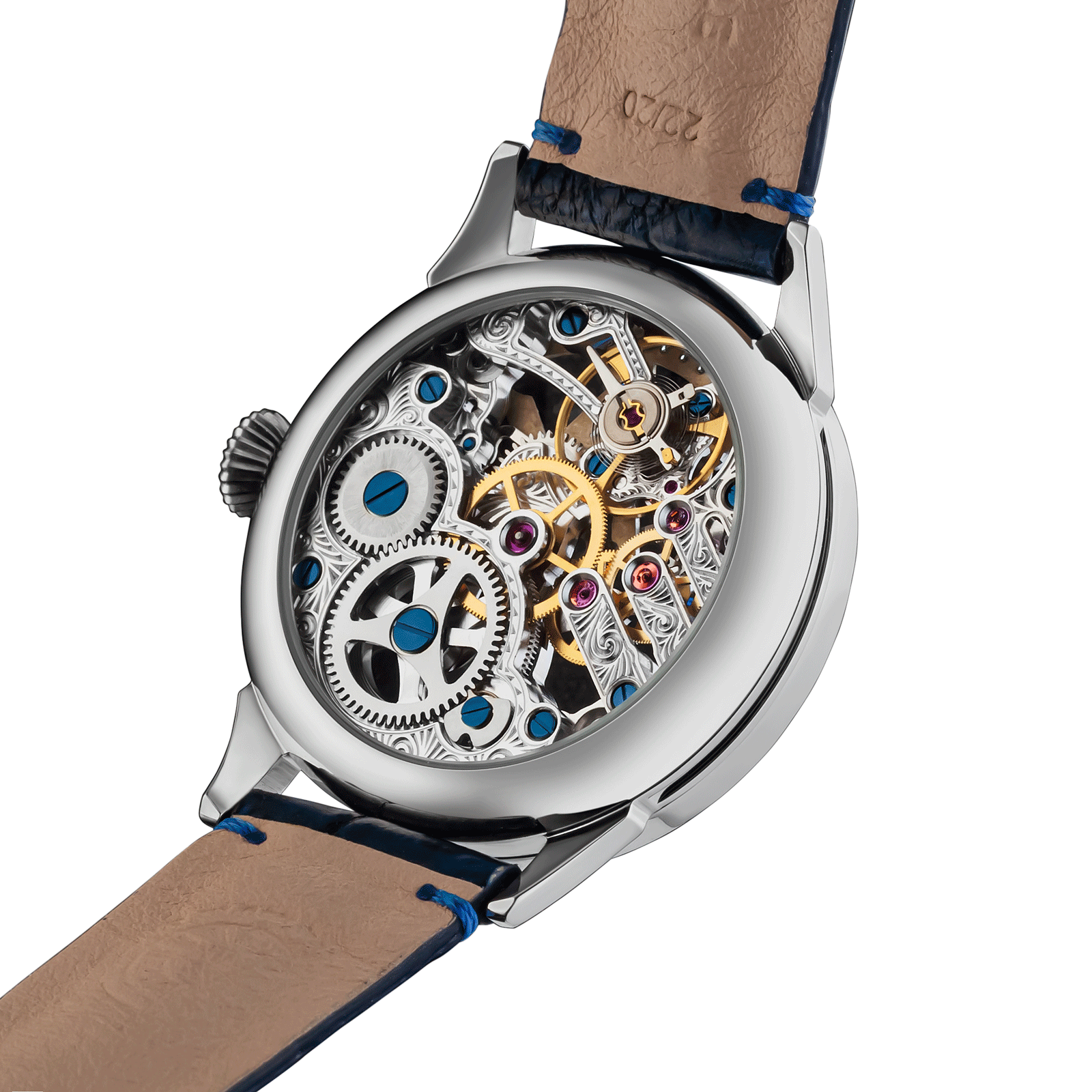 Back view of Mystery Blue Skeleton watch – exposed movement and caseback design