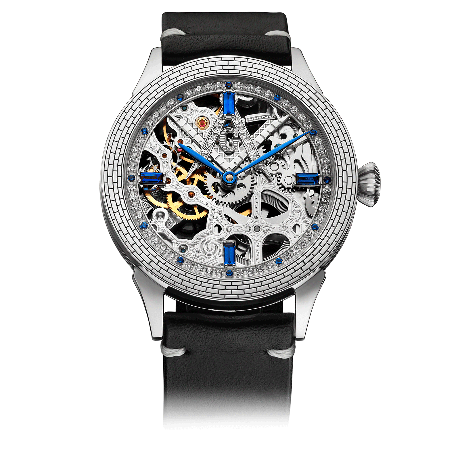 Black Leather Strap on Masonic Handmade Watch Mystery Blue #color_black