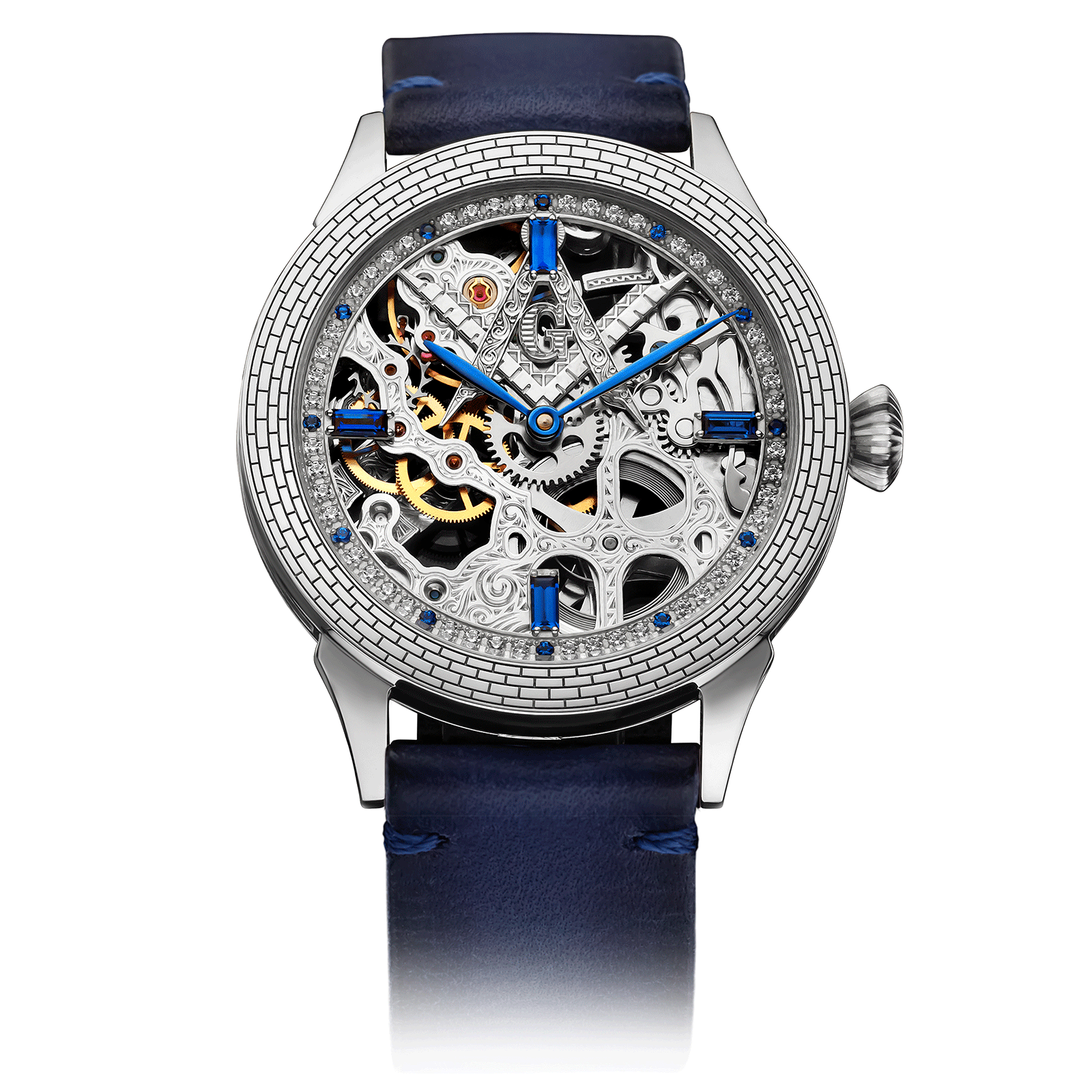 Blue Leather Strap on Masonic Skeleton Watch Mystery Blue #color_blue