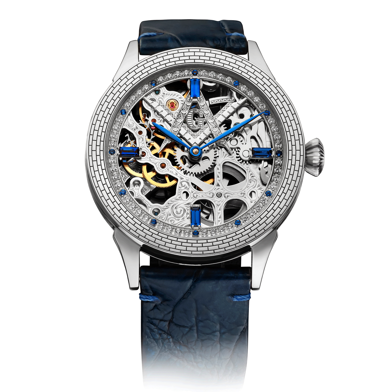 Dark-Blue Leather Strap on Masonic Skeleton Watch Mystery Blue #color_dark-blue