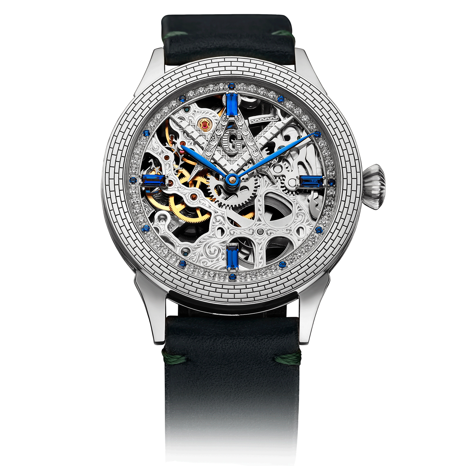 Green Leather Strap on Mechanical Watch Mystery Blue #color_green