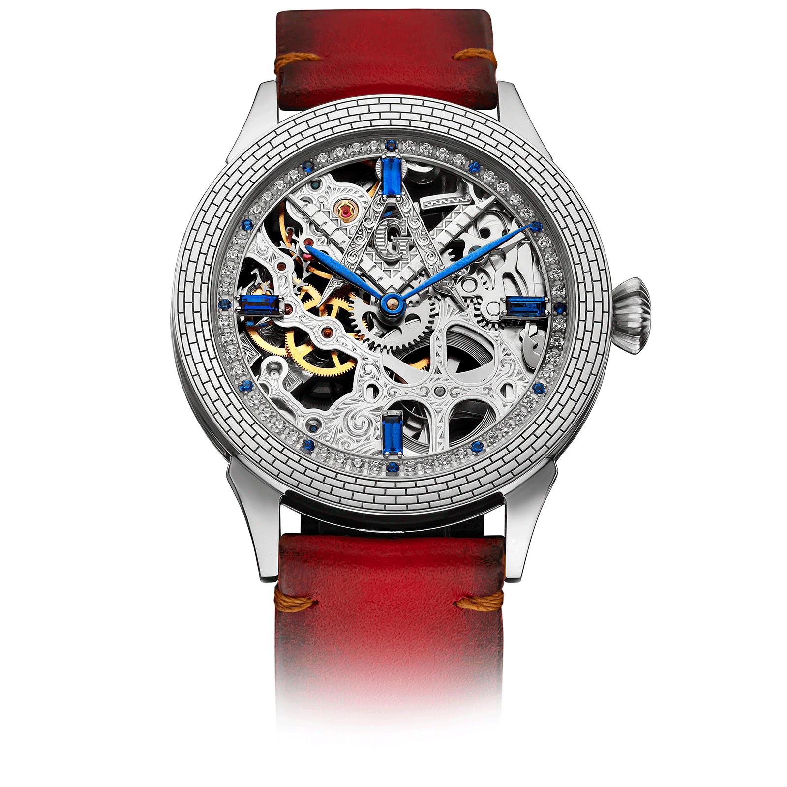 Red Leather Strap on Masonic Watch Mystery Blue #color_red