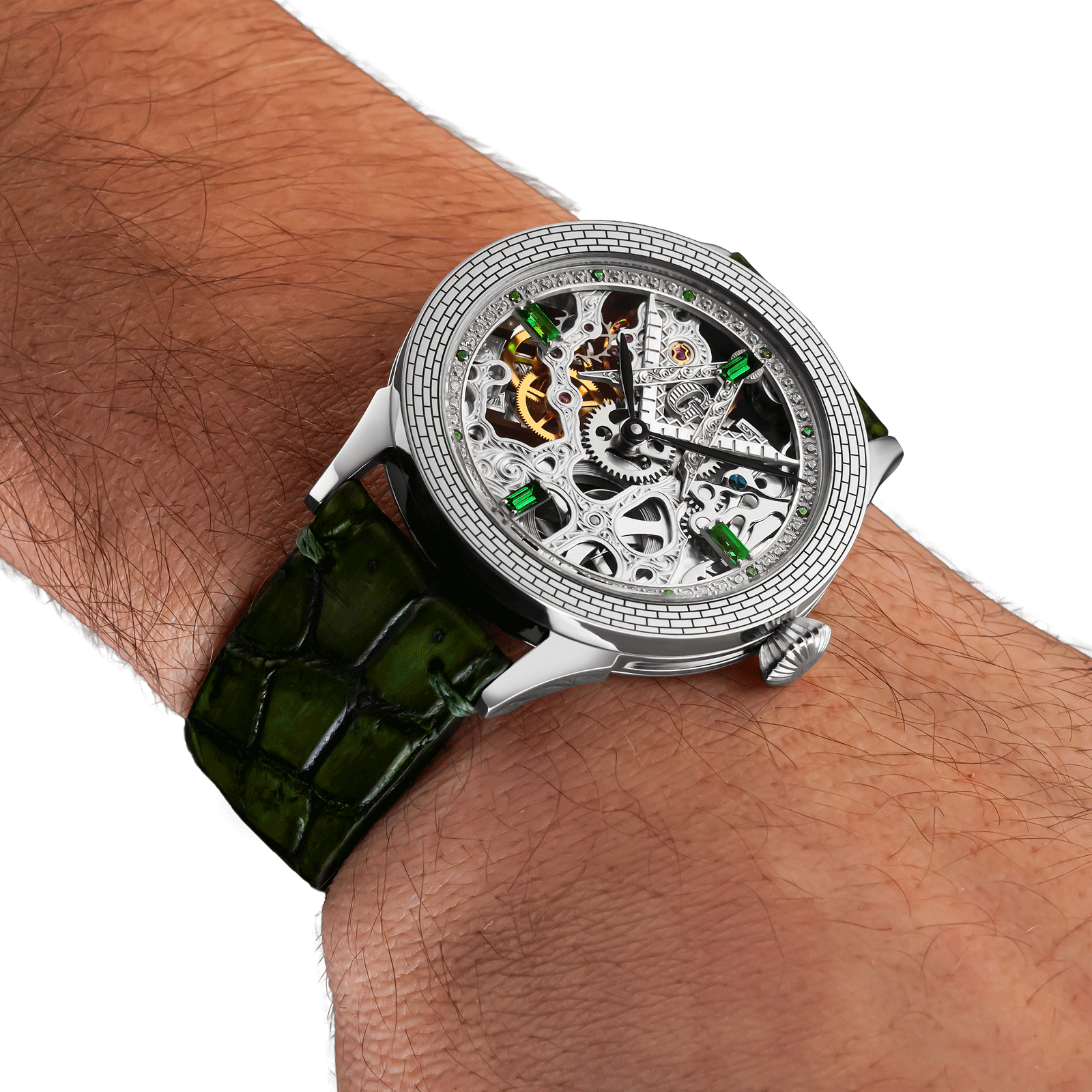 Skeleton handmade watch Mystery Emerald worn on wrist
