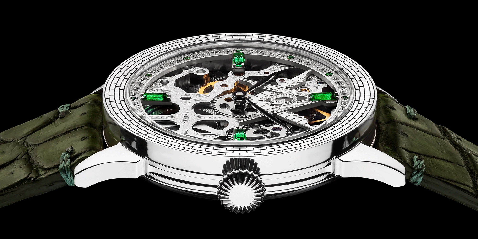 Close-up of skeleton mechanical watch Mystery Emerald crown